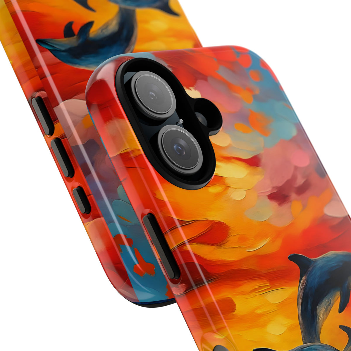 Ocean Scenery Tough Phone Case, Dolphin Phone Cover, Oil Painting, Sunset Sea Life Compatible with iPhone, Galaxy, Google