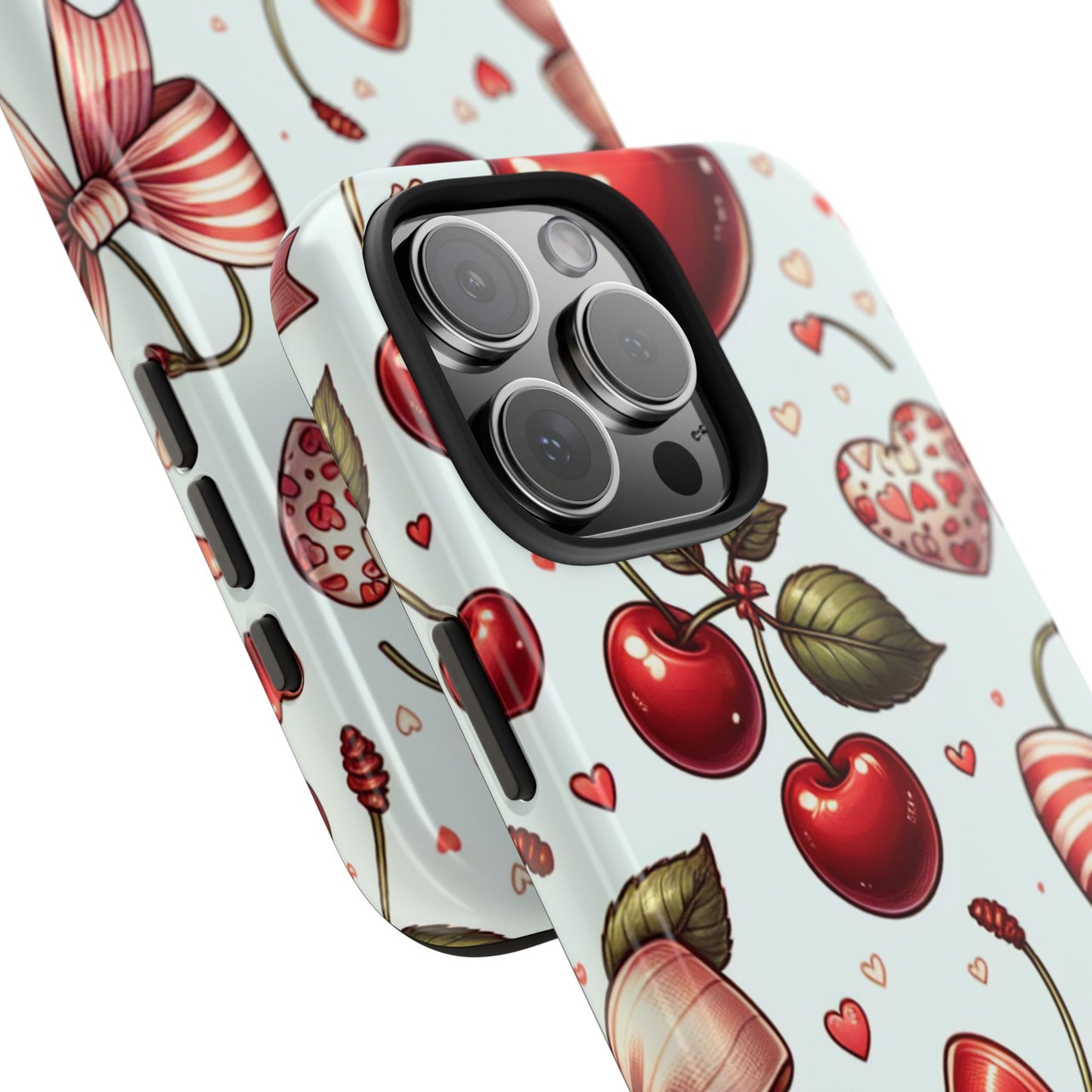 Cherry Bow Aesthetic Phone Case, Cute Kawaii Hearts Red Bows Print Design, Durable Tough and Stylish Trendy Cover for iPhone, Samsung Galaxy