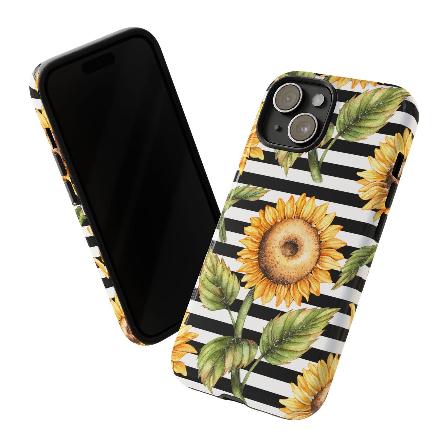 Sunflower Tough Phone Case - Bold Yellow Floral Art, Black and White Striped Aesthetic, Compatible with iPhone, Galaxy, and Google Phones