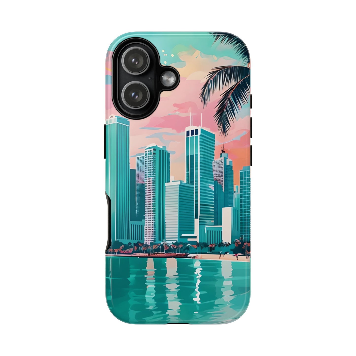 Cityscape Tough Phone Case, Miami Skyline Phone Cover, Watercolor Design Compatible with iPhone, Galaxy & Google