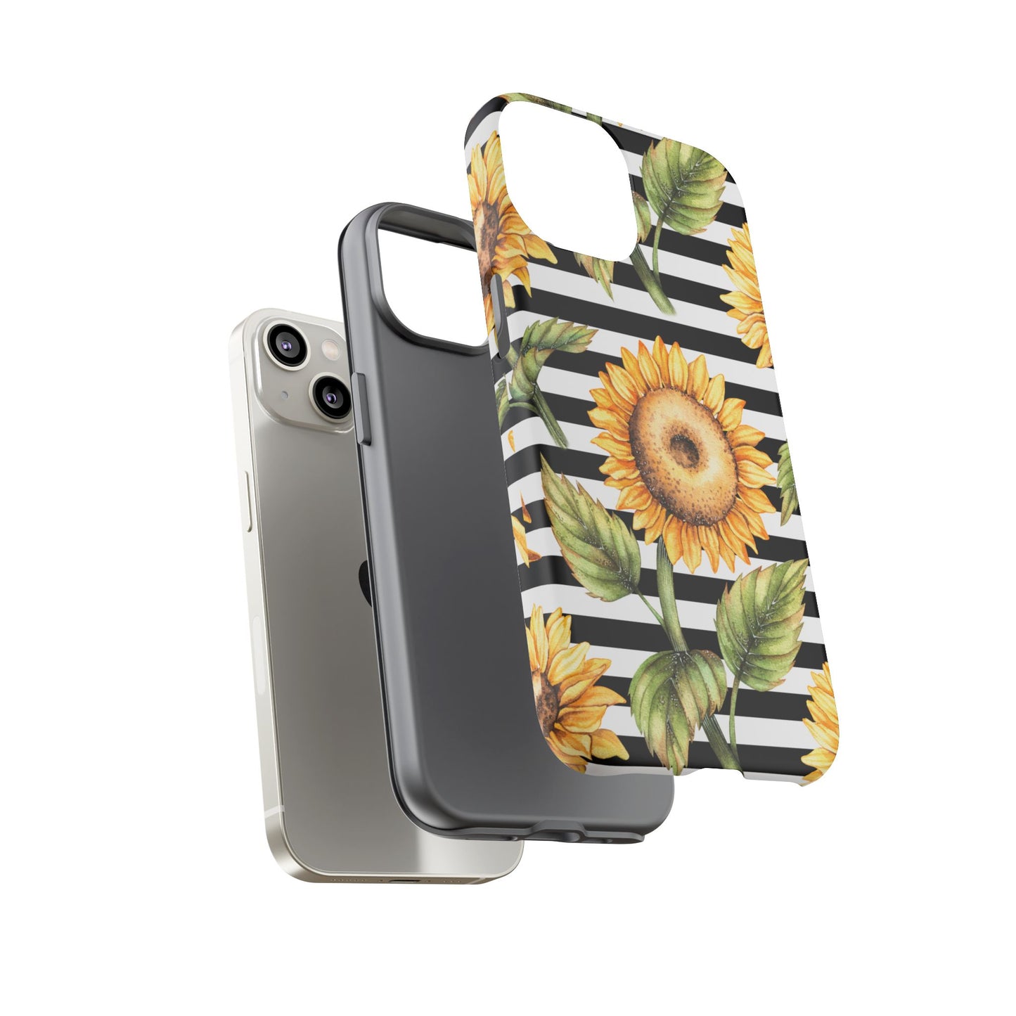 Sunflower Tough Phone Case - Bold Yellow Floral Art, Black and White Striped Aesthetic, Compatible with iPhone, Galaxy, and Google Phones