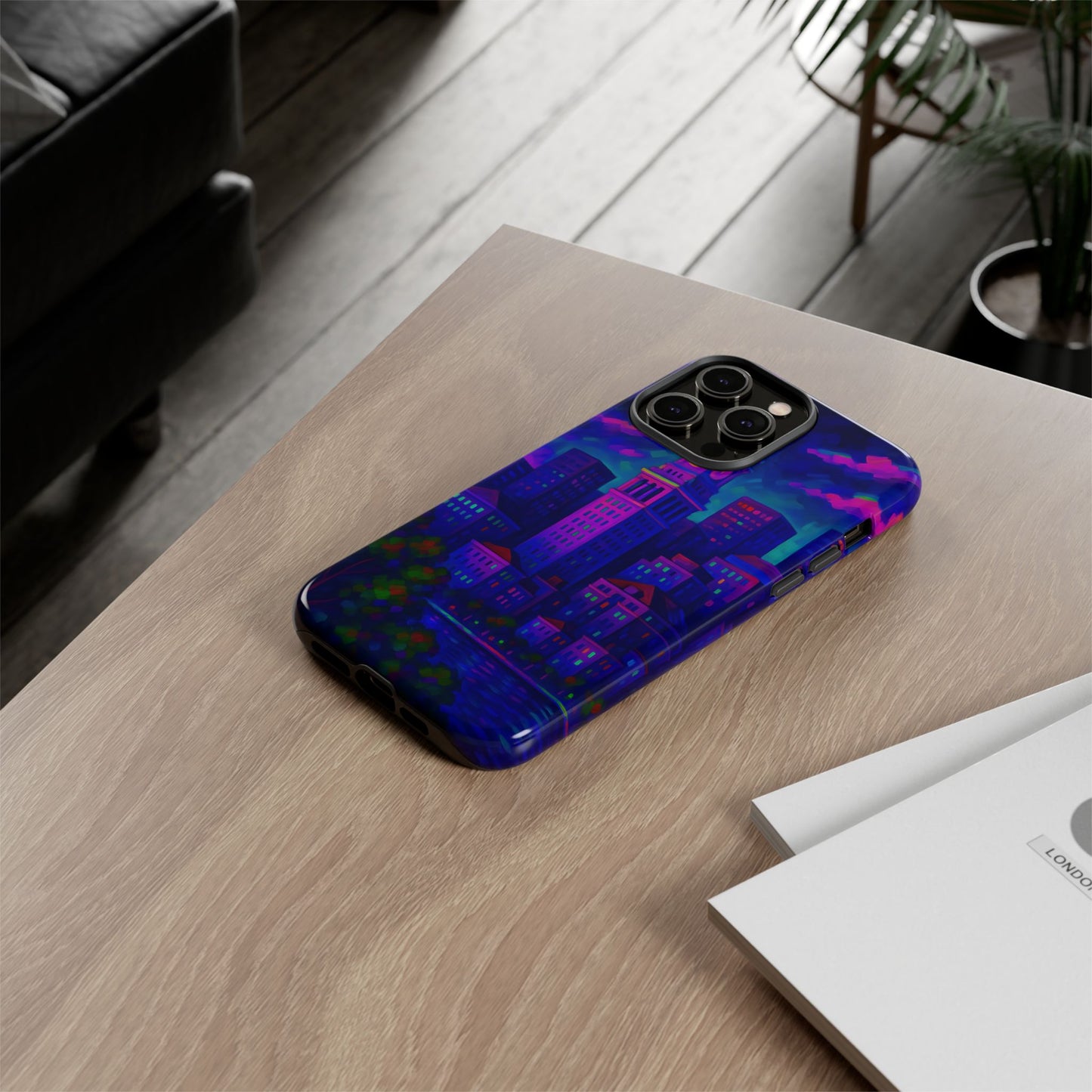 Boston Cityscape Tough Phone Case, Neon Night Skyline, Sunset Tower View Watercolor Urban Art, Compatible with iPhone, Galaxy, Google Phones