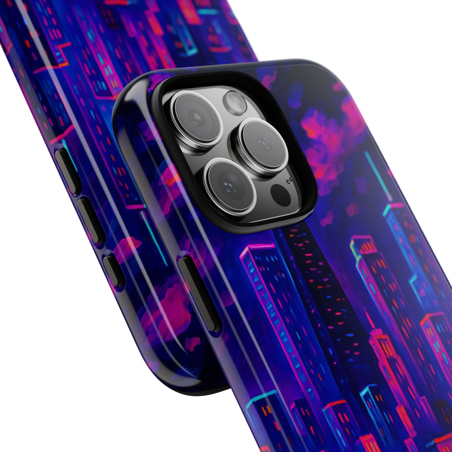 Cityscape Tough Phone Case, Chicago Skyline Phone Cover, Neon Night Design Compatible with iPhone, Galaxy & Google