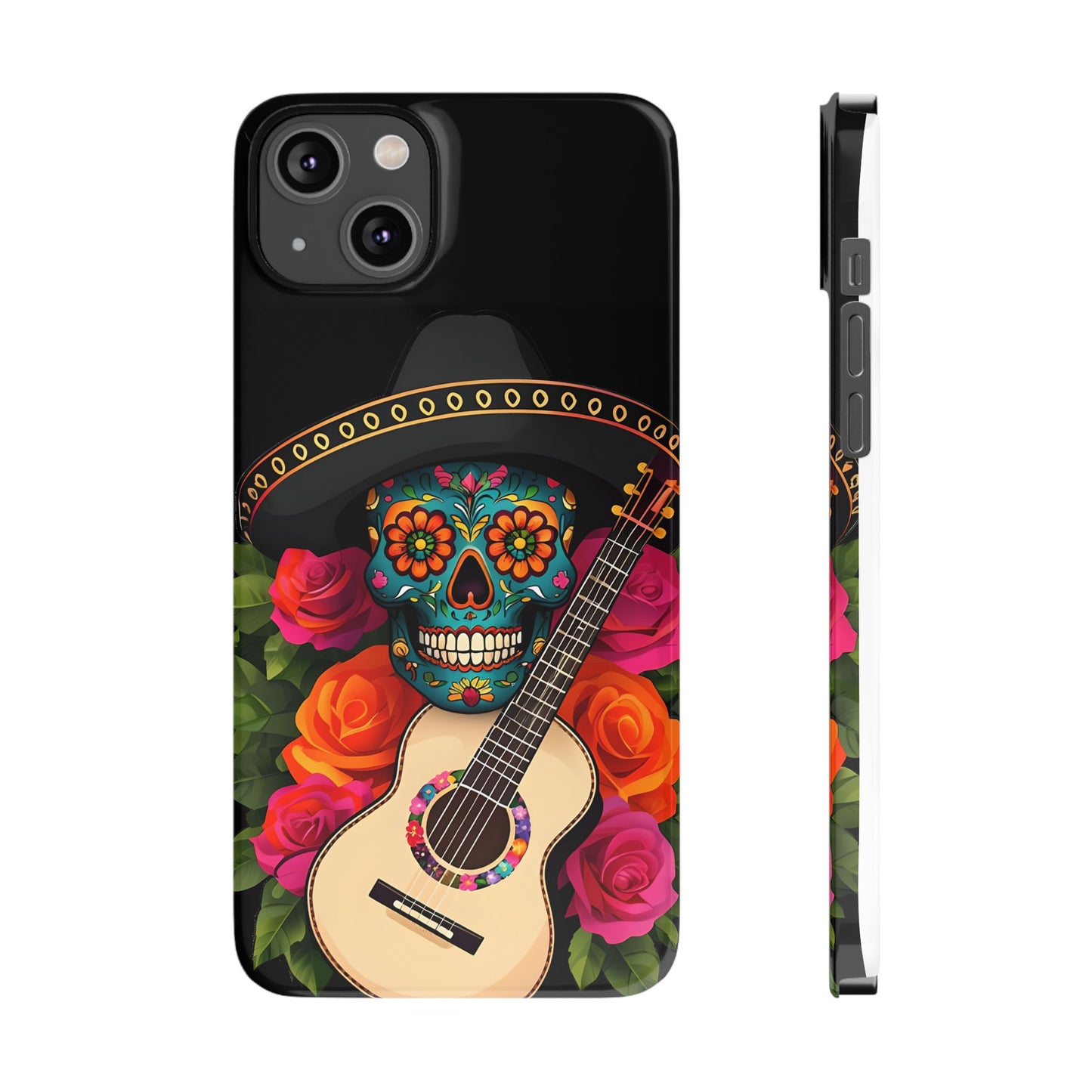 Mariachi Skull Slim Phone Case, Colorful Folk Aesthetic, Halloween Floral Skull Design, Gift for Mexican Culture Lovers