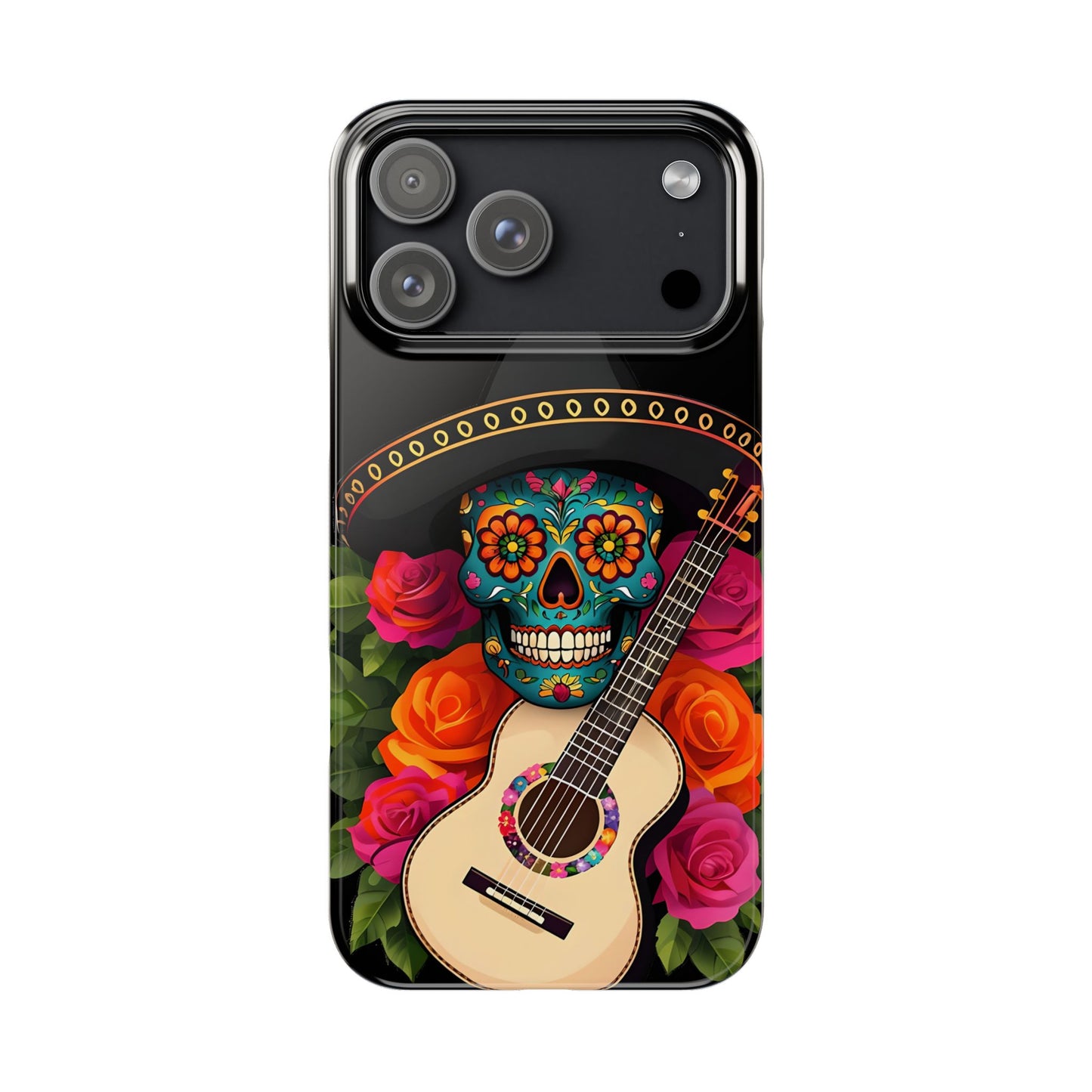 Mariachi Skull Slim Phone Case, Colorful Folk Aesthetic, Halloween Floral Skull Design, Gift for Mexican Culture Lovers