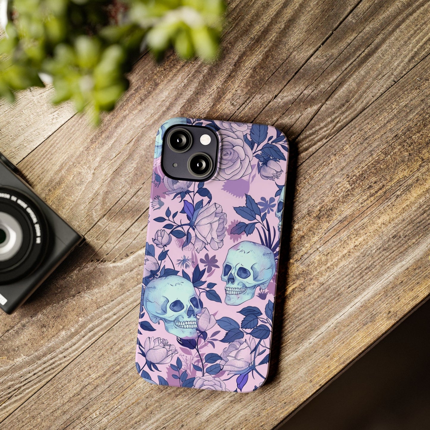 Floral Skull Slim Phone Case - Aesthetic, Trendy, Gift for Goth Lovers, Unique Phone Accessories, Floral Print, Halloween Decor