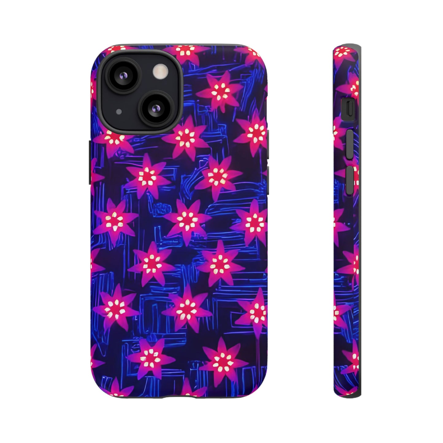 Neon Flower Tough Phone Case - Trippy Dark Floral Art, Electric Glow Aesthetic, Compatible with iPhone, Galaxy, and Google Phones