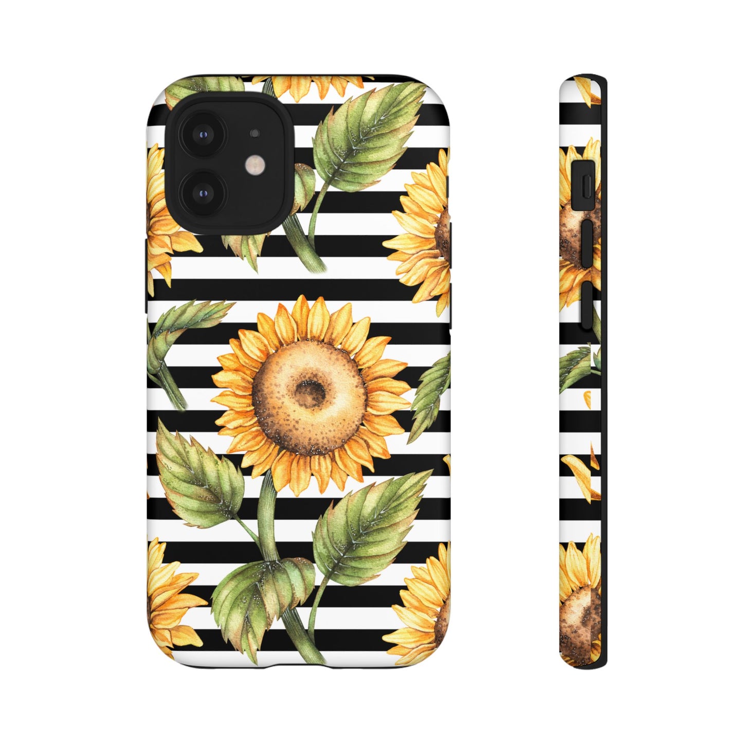 Sunflower Tough Phone Case - Bold Yellow Floral Art, Black and White Striped Aesthetic, Compatible with iPhone, Galaxy, and Google Phones