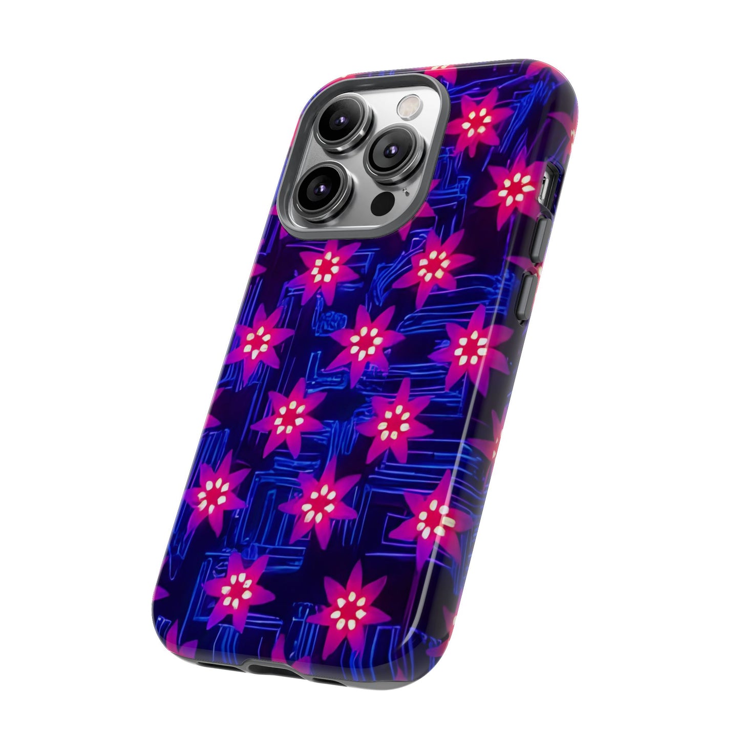 Neon Flower Tough Phone Case - Trippy Dark Floral Art, Electric Glow Aesthetic, Compatible with iPhone, Galaxy, and Google Phones