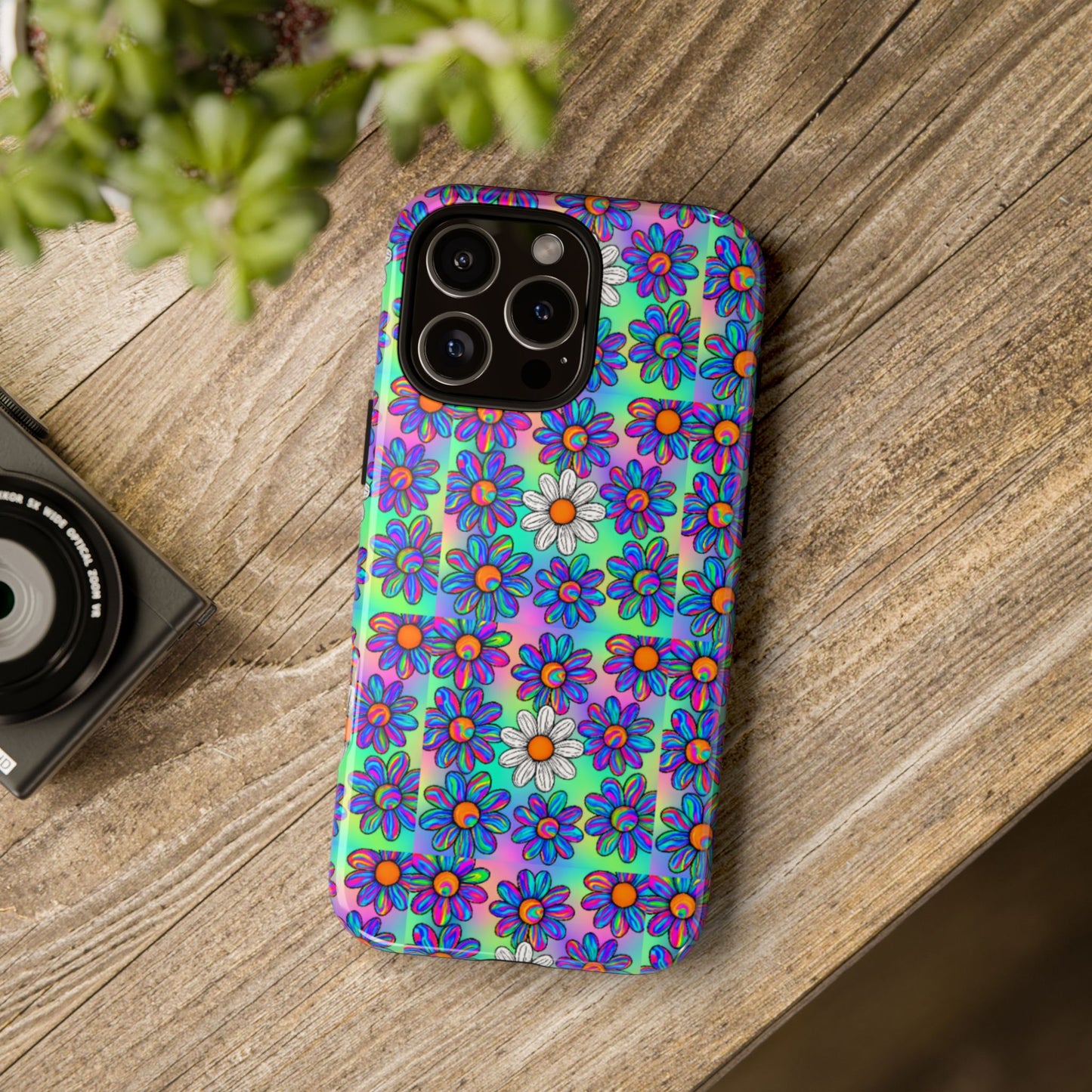 Trippy Daisy Tough Phone Case - Psychedelic Floral Aesthetic, Colorful Groovy Design, Compatible with iPhone, Galaxy, and Google Phones
