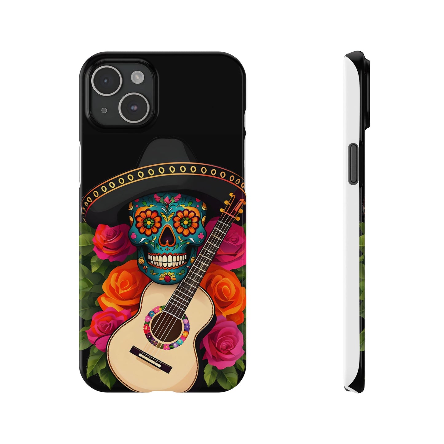 Mariachi Skull Slim Phone Case, Colorful Folk Aesthetic, Halloween Floral Skull Design, Gift for Mexican Culture Lovers