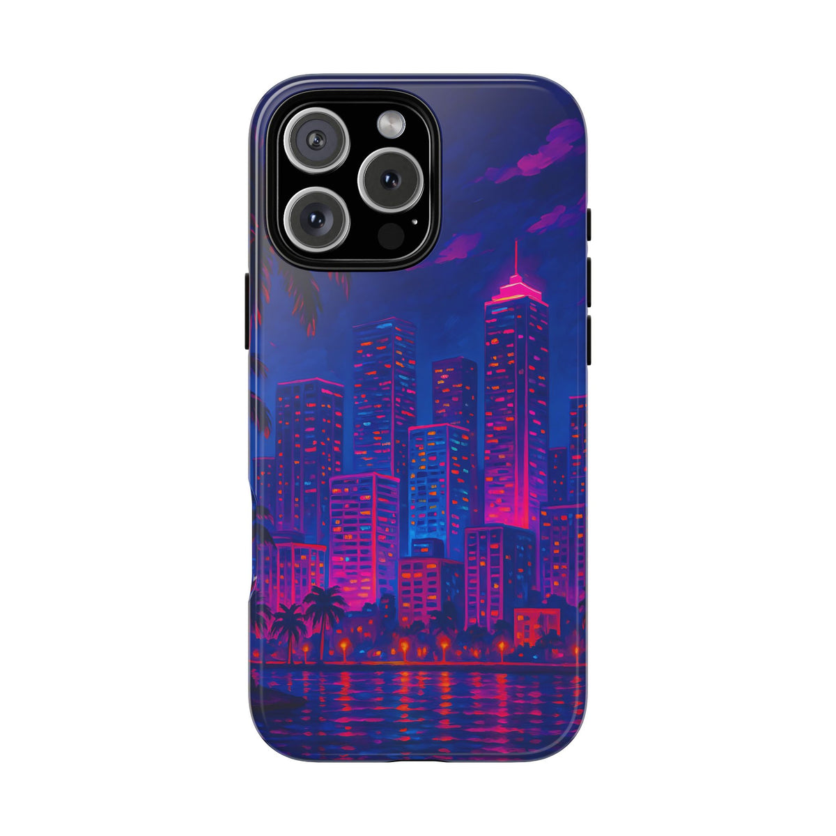 Cityscape Tough Phone Case, Miami Skyline Phone Cover, Neon Night Design Compatible with iPhone, Galaxy & Google