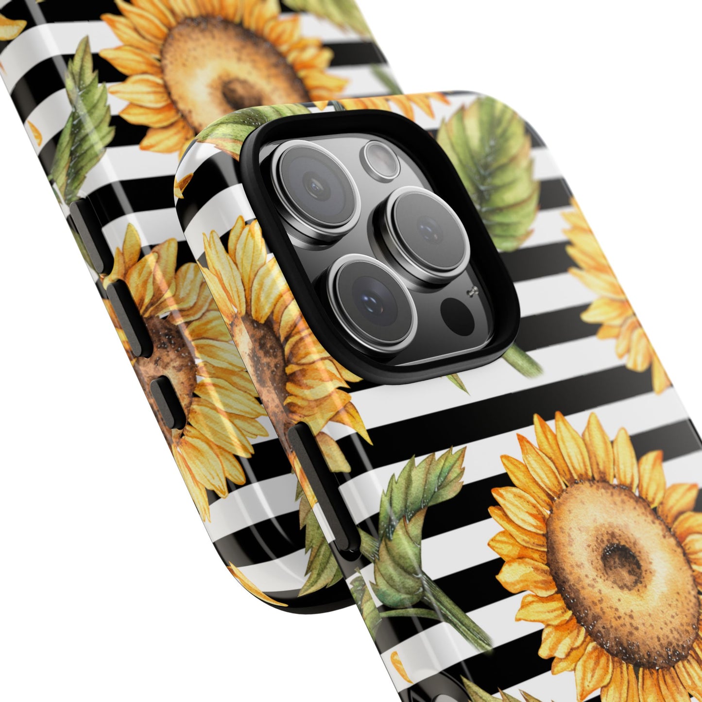 Sunflower Tough Phone Case - Bold Yellow Floral Art, Black and White Striped Aesthetic, Compatible with iPhone, Galaxy, and Google Phones