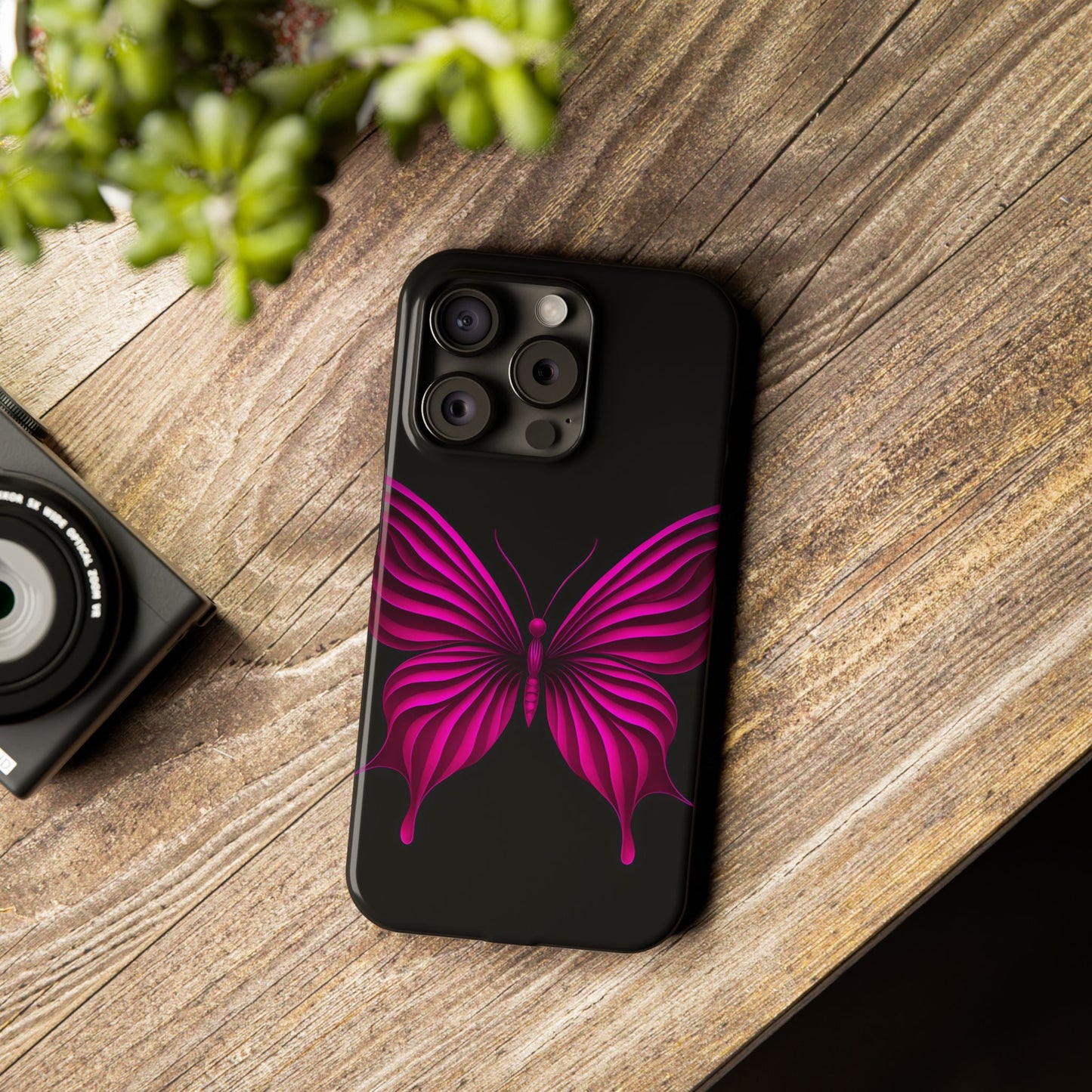 Pink Butterfly Phone Case, Elegant Insect Art, Black Aesthetic Slim Phone Case Compatible with iPhone, Galaxy, Google