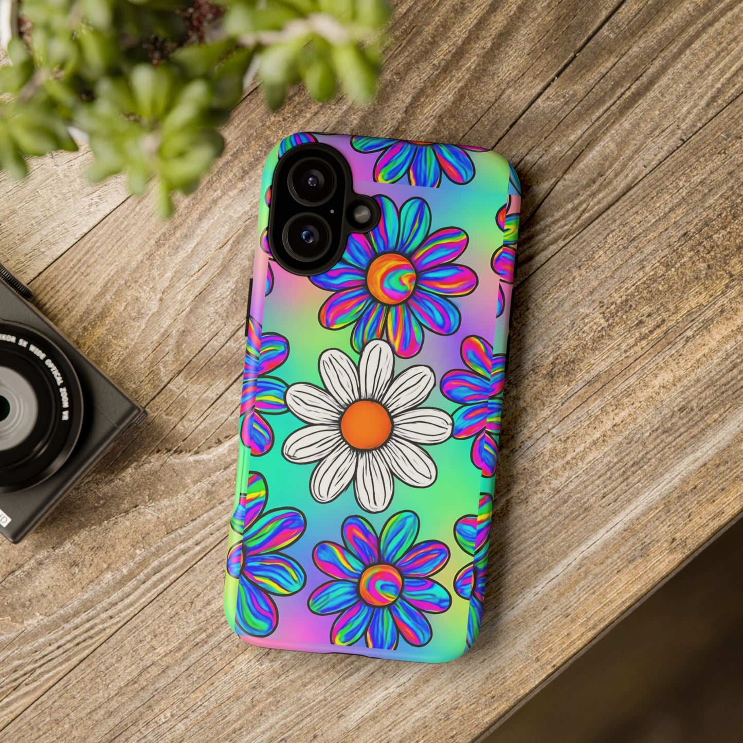 Trippy Daisy Tough Phone Case - Psychedelic Floral Design, Colorful Retro Aesthetic, Compatible with iPhone, Galaxy, and Google Phones
