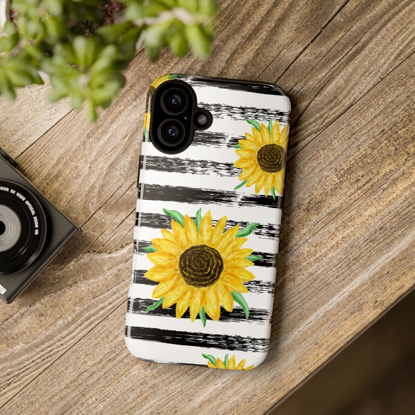Sunflower Tough Phone Case - Bright Yellow Floral Art, Black and White Striped Aesthetic, Compatible with iPhone, Galaxy, and Google Phones