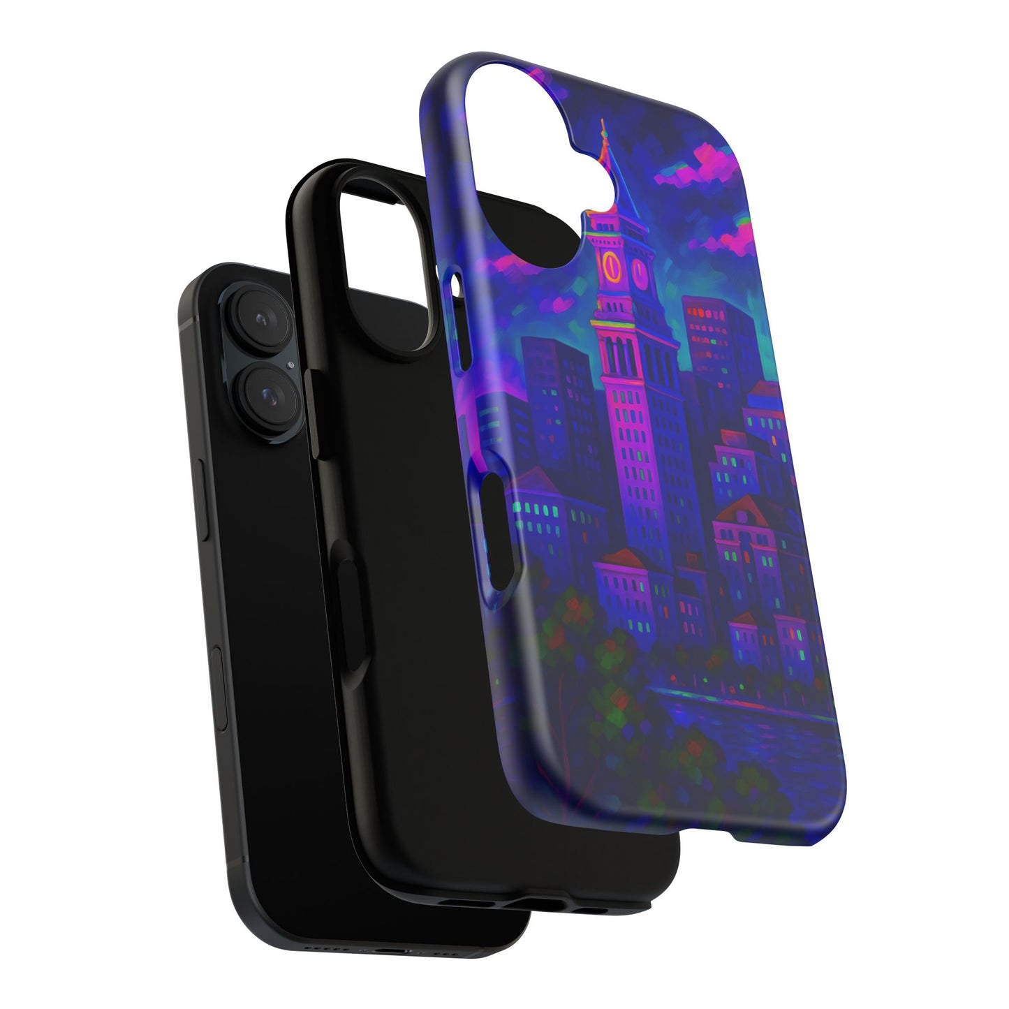 Boston Cityscape Tough Phone Case, Neon Night Skyline, Sunset Tower View Watercolor Urban Art, Compatible with iPhone, Galaxy, Google Phones