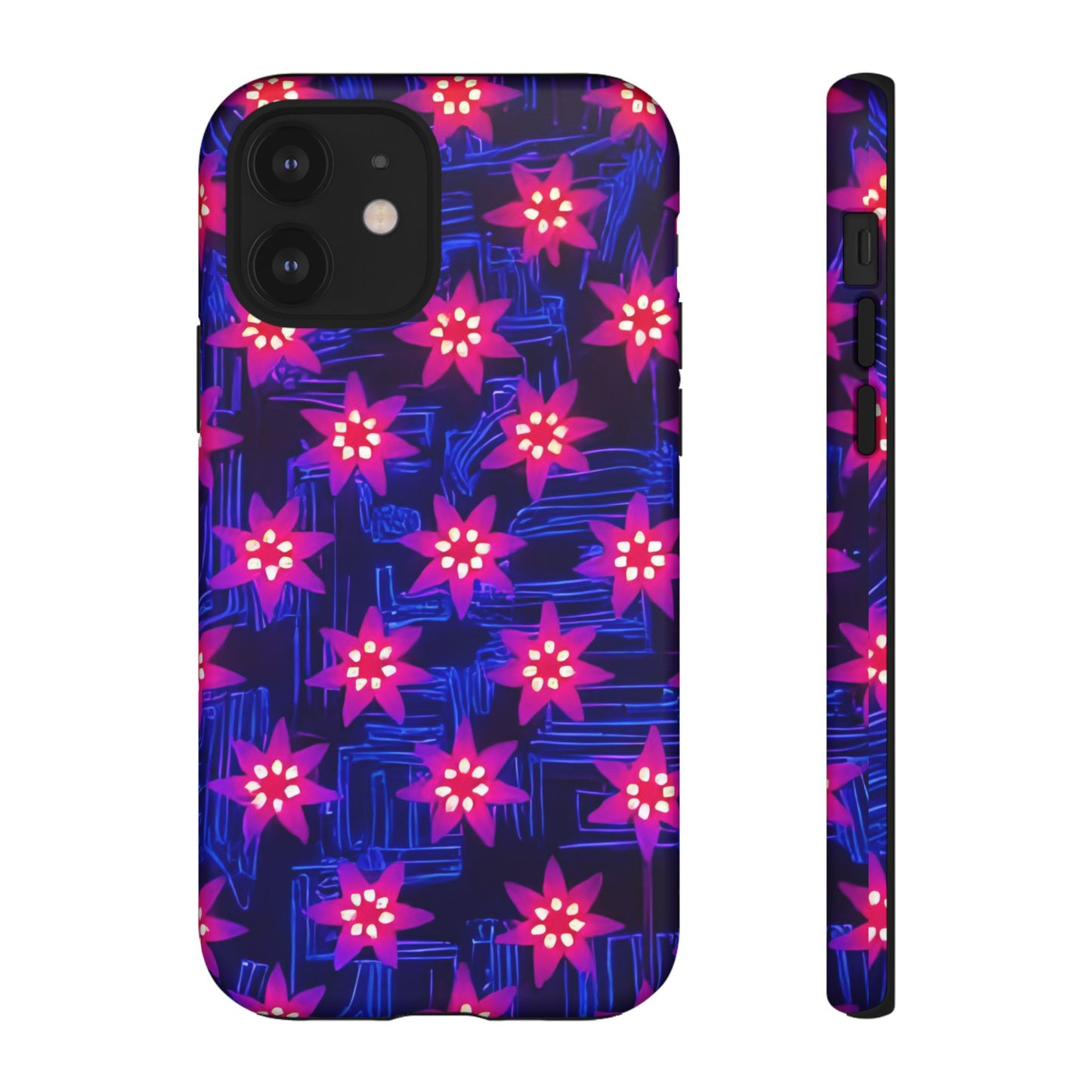Neon Flower Tough Phone Case - Trippy Dark Floral Art, Electric Glow Aesthetic, Compatible with iPhone, Galaxy, and Google Phones