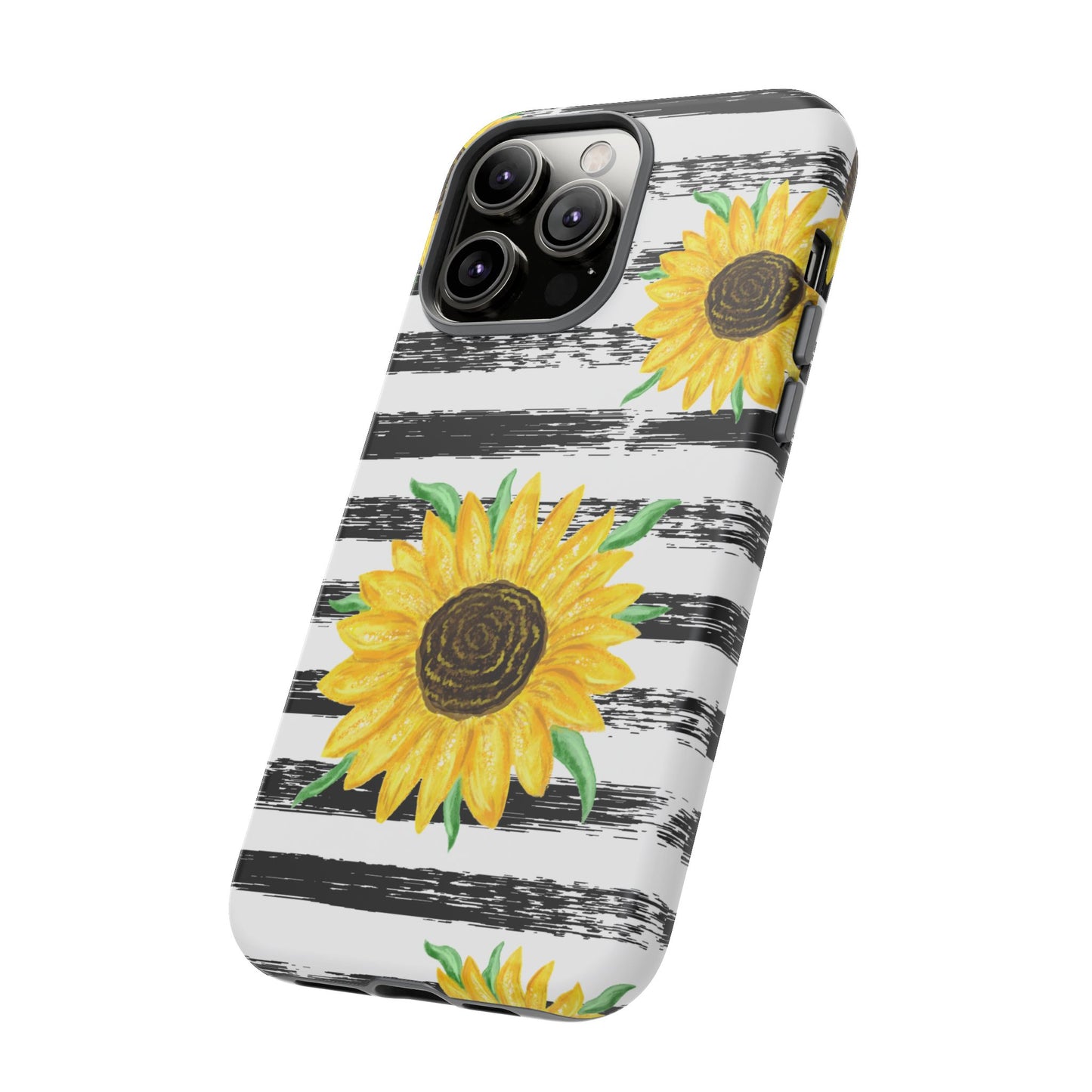 Sunflower Tough Phone Case - Bright Yellow Floral Art, Black and White Striped Aesthetic, Compatible with iPhone, Galaxy, and Google Phones