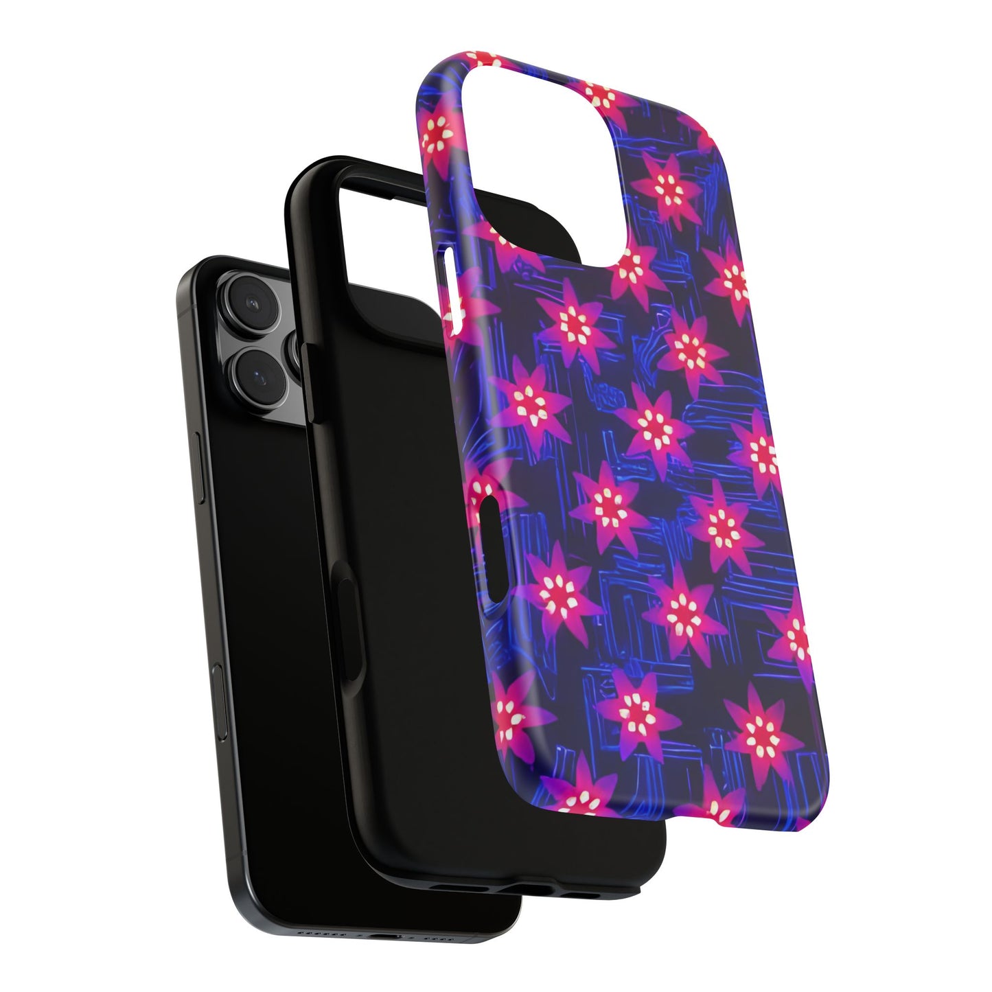 Neon Flower Tough Phone Case - Trippy Dark Floral Art, Electric Glow Aesthetic, Compatible with iPhone, Galaxy, and Google Phones