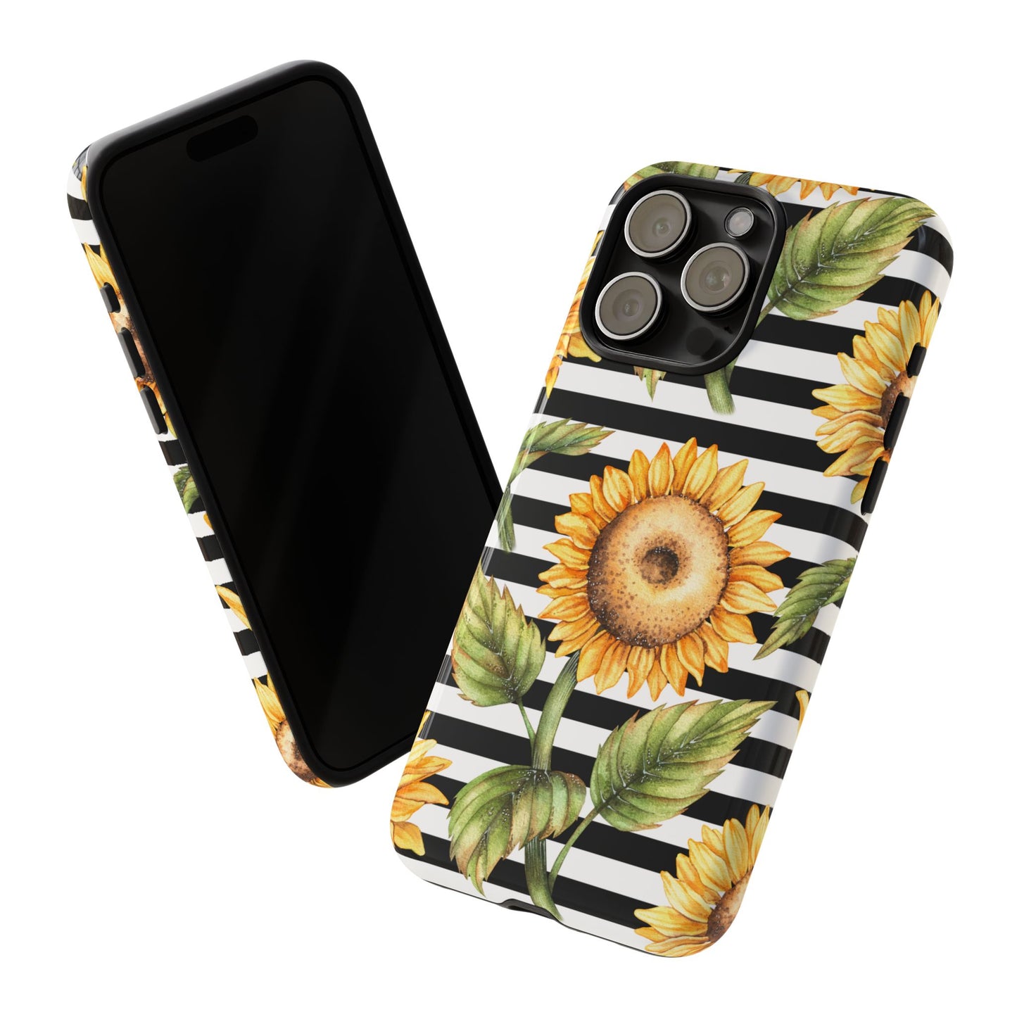 Sunflower Tough Phone Case - Bold Yellow Floral Art, Black and White Striped Aesthetic, Compatible with iPhone, Galaxy, and Google Phones