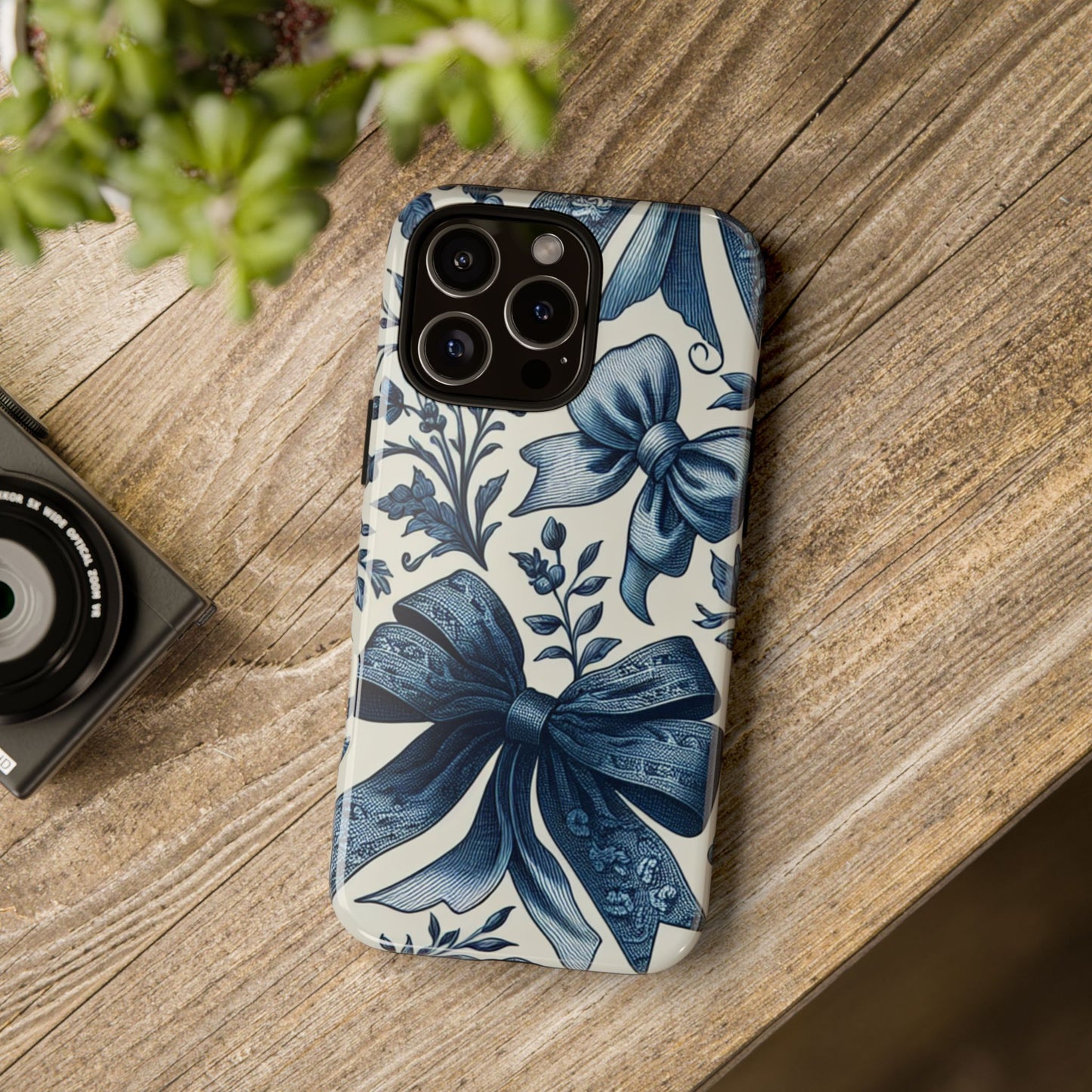 Coquette Vintage Bow Phone Case compatible with iPhone 16 pro max plus 15 14 13 12 11 10 9 8 X Samsung, Pixel Cute Blue Ribbon Floral Design