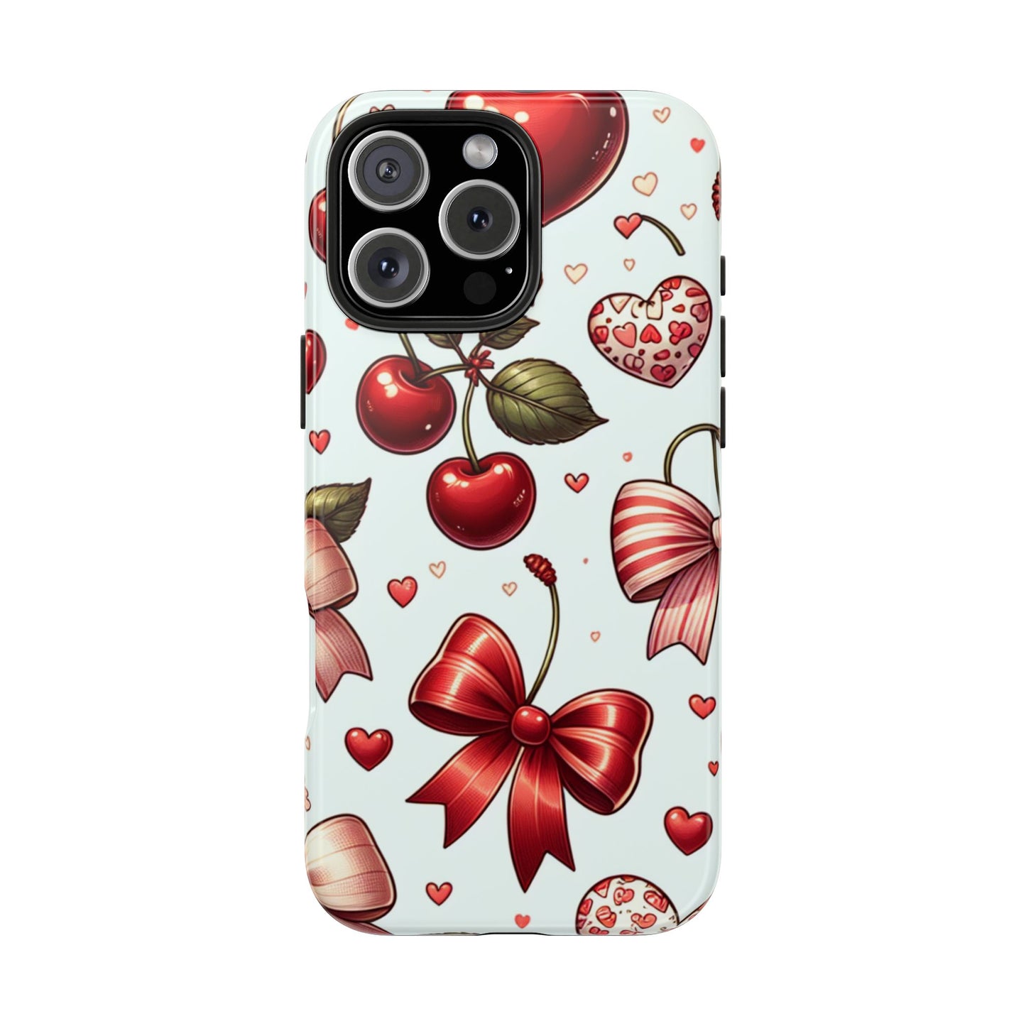 Cherry Bow Aesthetic Phone Case, Cute Kawaii Hearts Red Bows Print Design, Durable Tough and Stylish Trendy Cover for iPhone, Samsung Galaxy