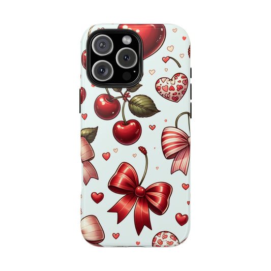 Cherry Bow Aesthetic Phone Case, Cute Kawaii Hearts Red Bows Print Design, Durable Tough and Stylish Trendy Cover for iPhone, Samsung Galaxy