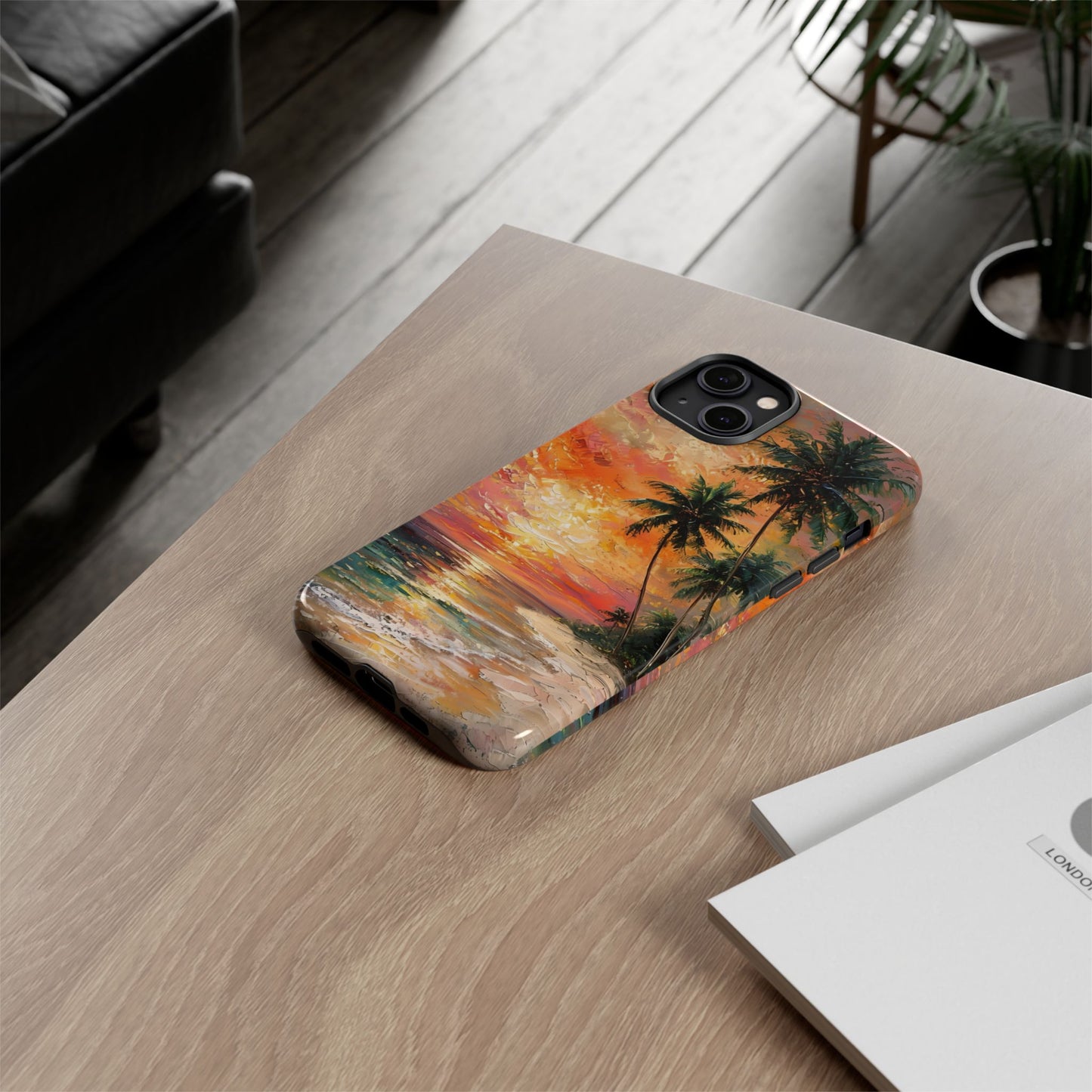 Tropical Beach Scenery Tough Phone Case, Oil Painting, Sunset Shoreline Compatible with iPhone 17, 16, 15, 14, 13, Galaxy, Google