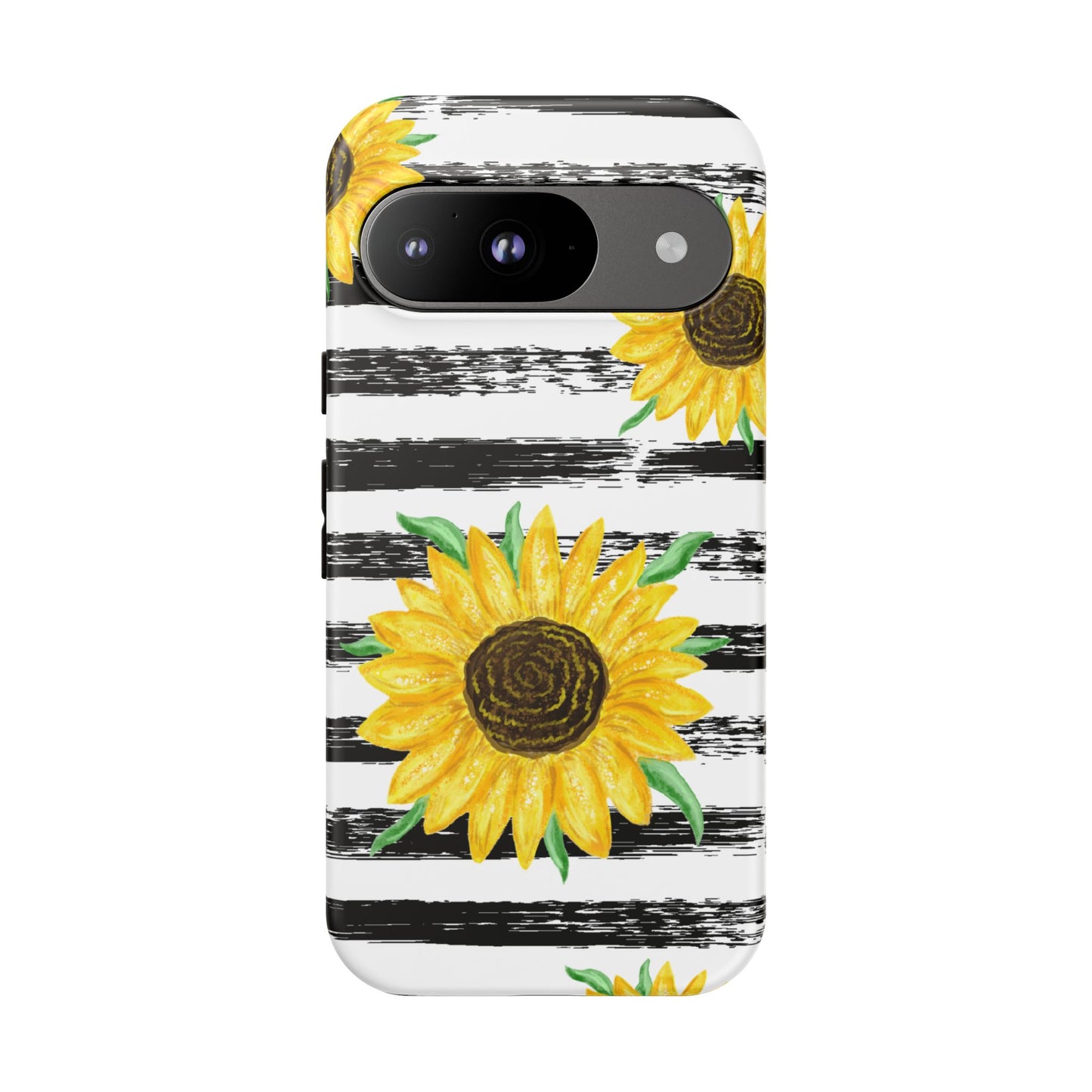 Sunflower Tough Phone Case - Bright Yellow Floral Art, Black and White Striped Aesthetic, Compatible with iPhone, Galaxy, and Google Phones