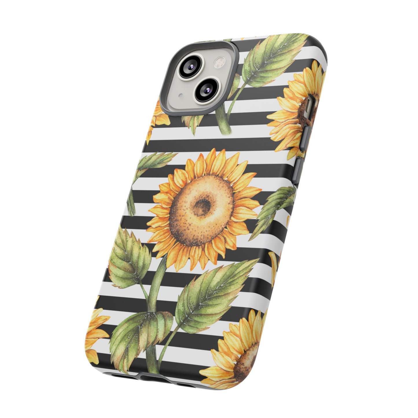 Sunflower Tough Phone Case - Bold Yellow Floral Art, Black and White Striped Aesthetic, Compatible with iPhone, Galaxy, and Google Phones