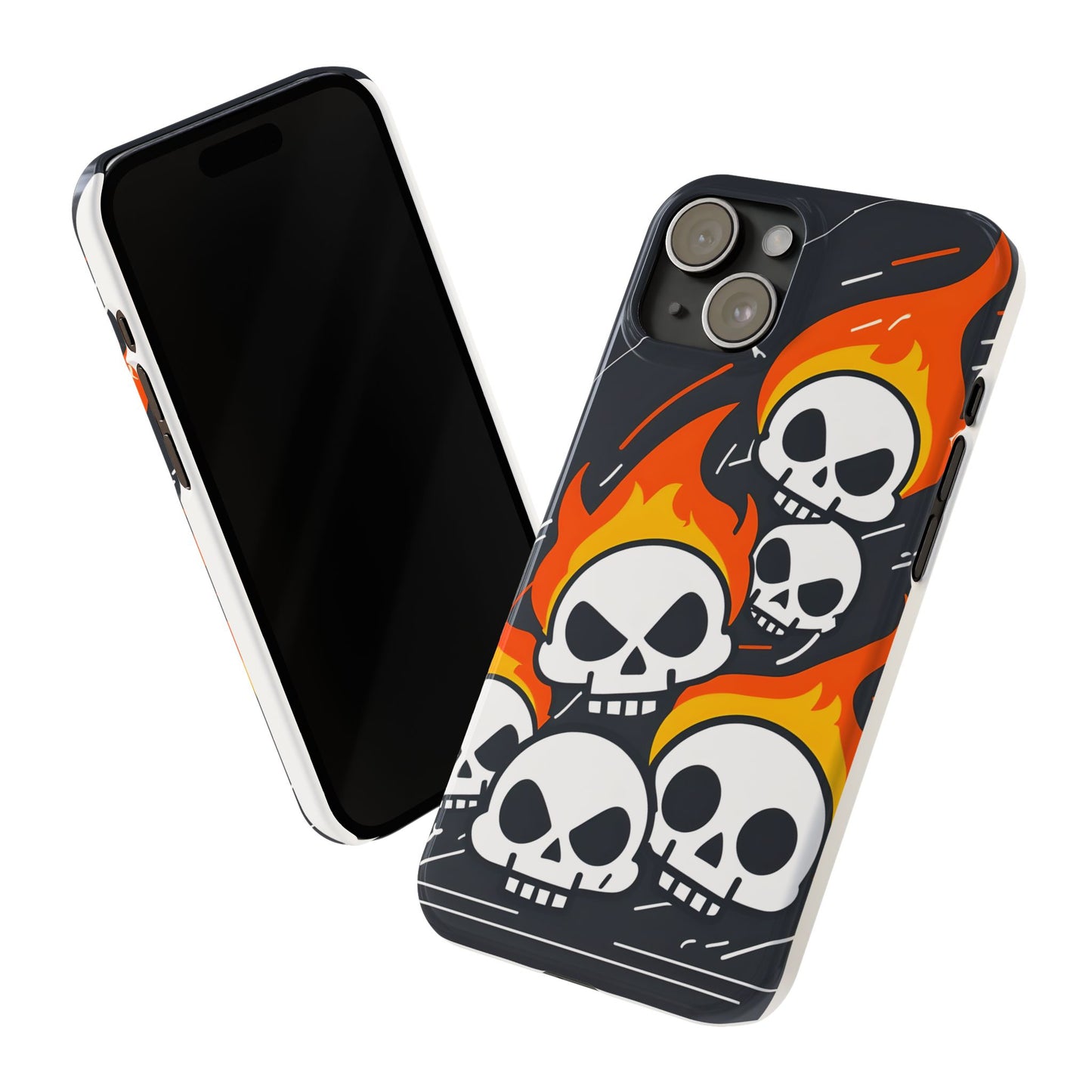 Flaming Skulls Slim Phone Case, Y2K Alt Halloween Aesthetic, Creepy Cute Cartoon Style, Stylish Music Lovers, Perfect Gift for Halloween