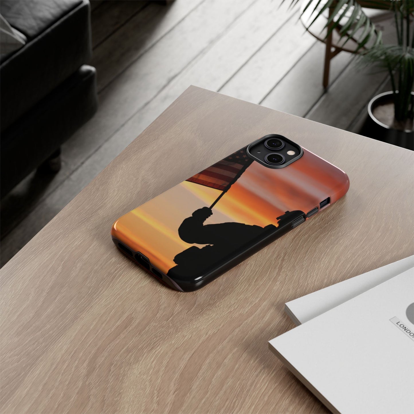 Sunset Soldier Veteran Flag Tough Phone Case, American Grunge USA Phone Cover, compatible with iPhone 17, 16, 15, 14, 13, Galaxy, Google