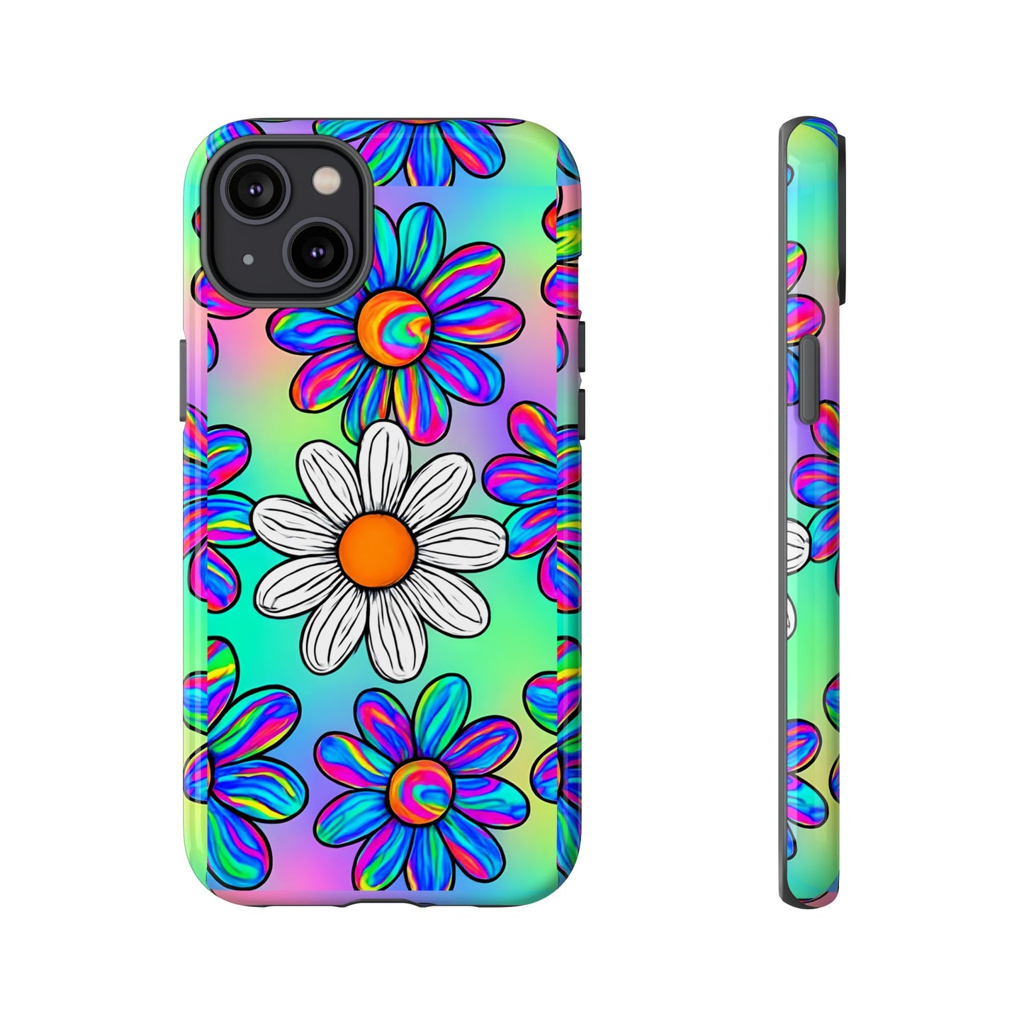 Trippy Daisy Tough Phone Case - Psychedelic Floral Design, Colorful Retro Aesthetic, Compatible with iPhone, Galaxy, and Google Phones