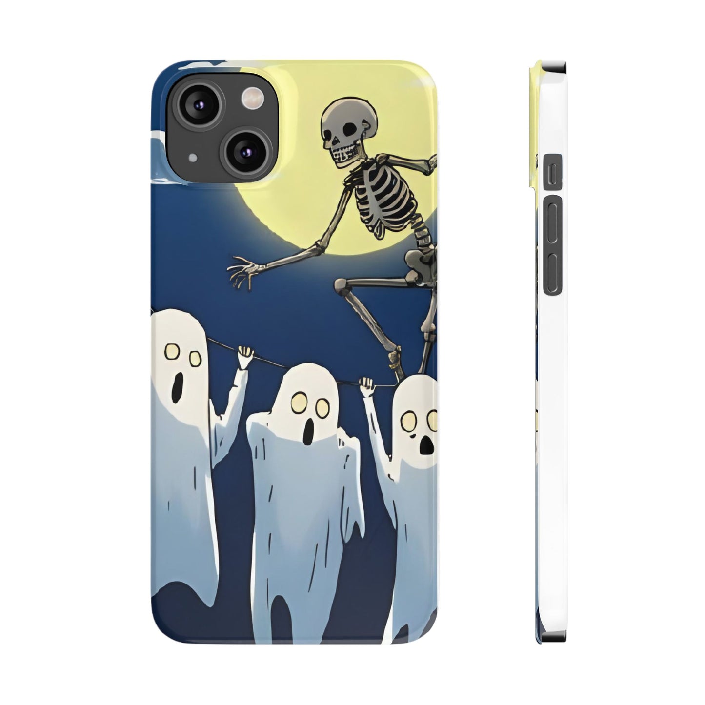 Jumping Skeleton Slim Phone Case - Halloween Aesthetic, Creepy Cute Ghost Cartoon Style, Compatible with iPhone, Galaxy, and Google Phones