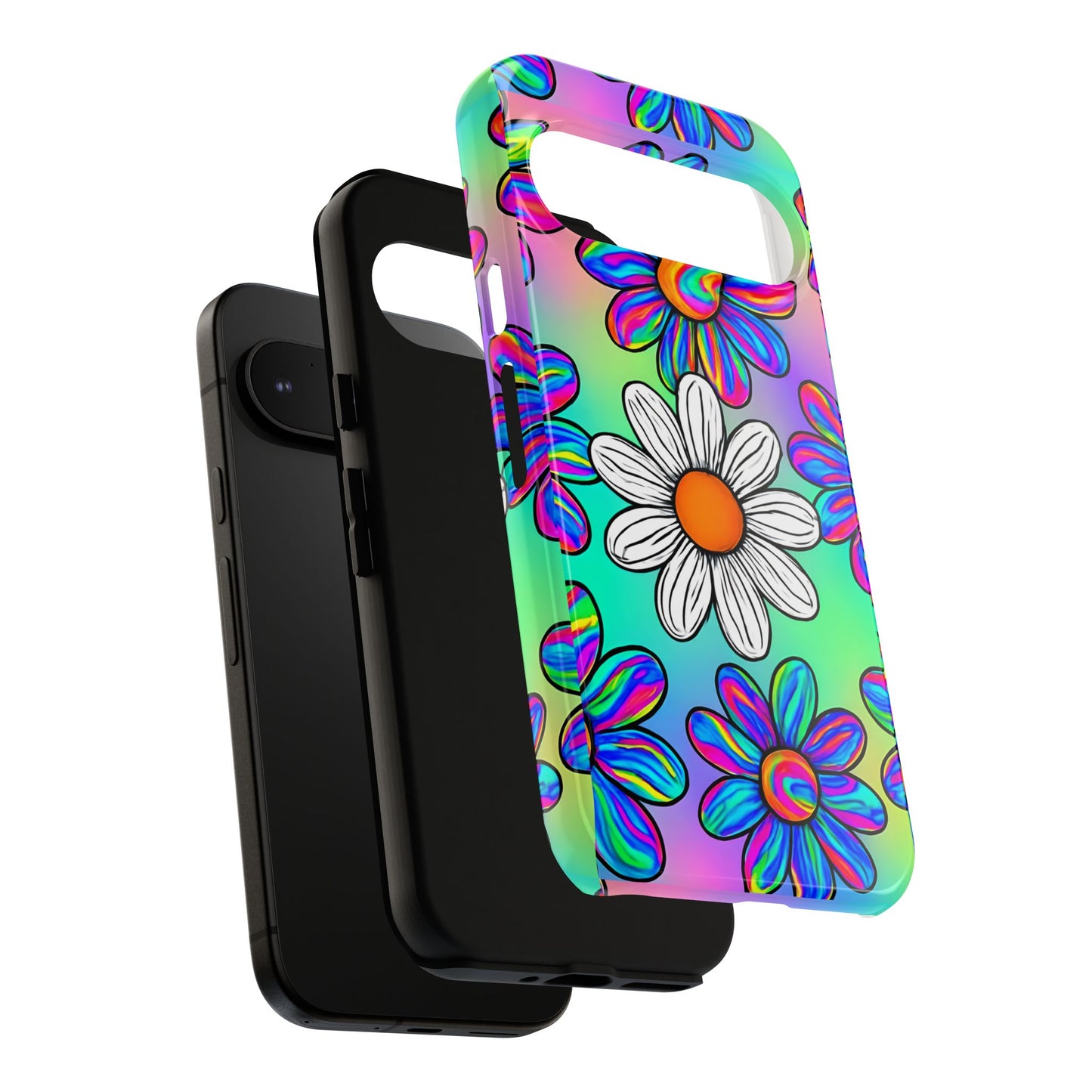 Trippy Daisy Tough Phone Case - Psychedelic Floral Design, Colorful Retro Aesthetic, Compatible with iPhone, Galaxy, and Google Phones