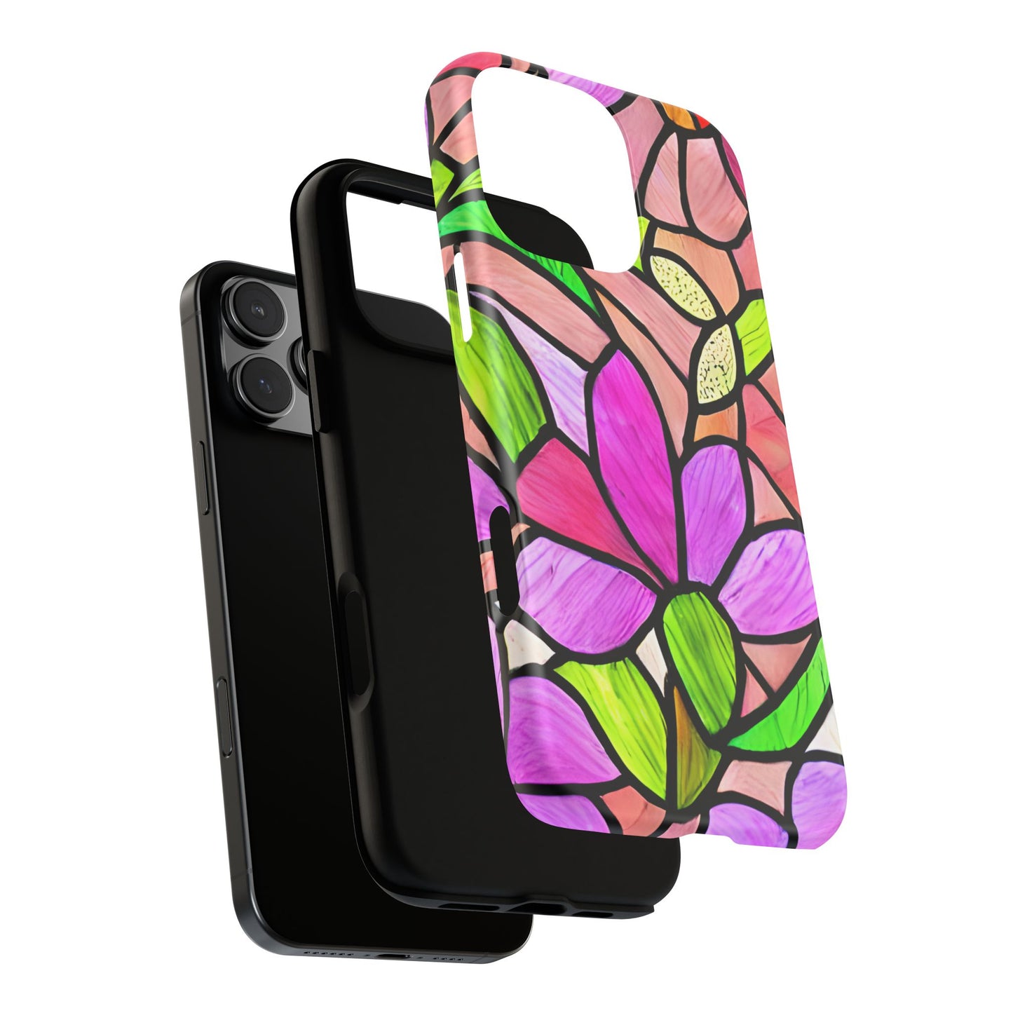 Stained Glass Floral Tough Phone Case - compatible with iPhone 15 14 13 12 11 X, Samsung Galaxy, Google Pixel- Artistic Flower Pattern Cover