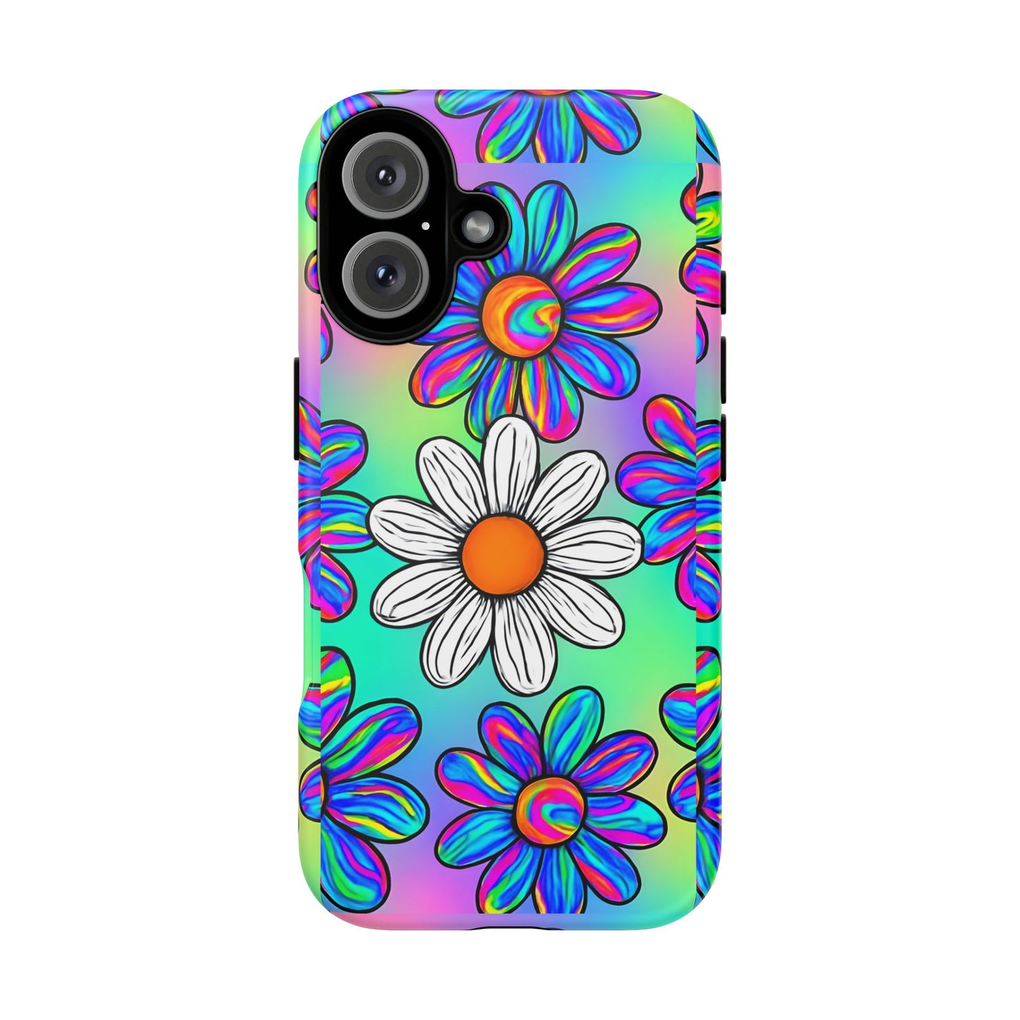 Trippy Daisy Tough Phone Case - Psychedelic Floral Design, Colorful Retro Aesthetic, Compatible with iPhone, Galaxy, and Google Phones