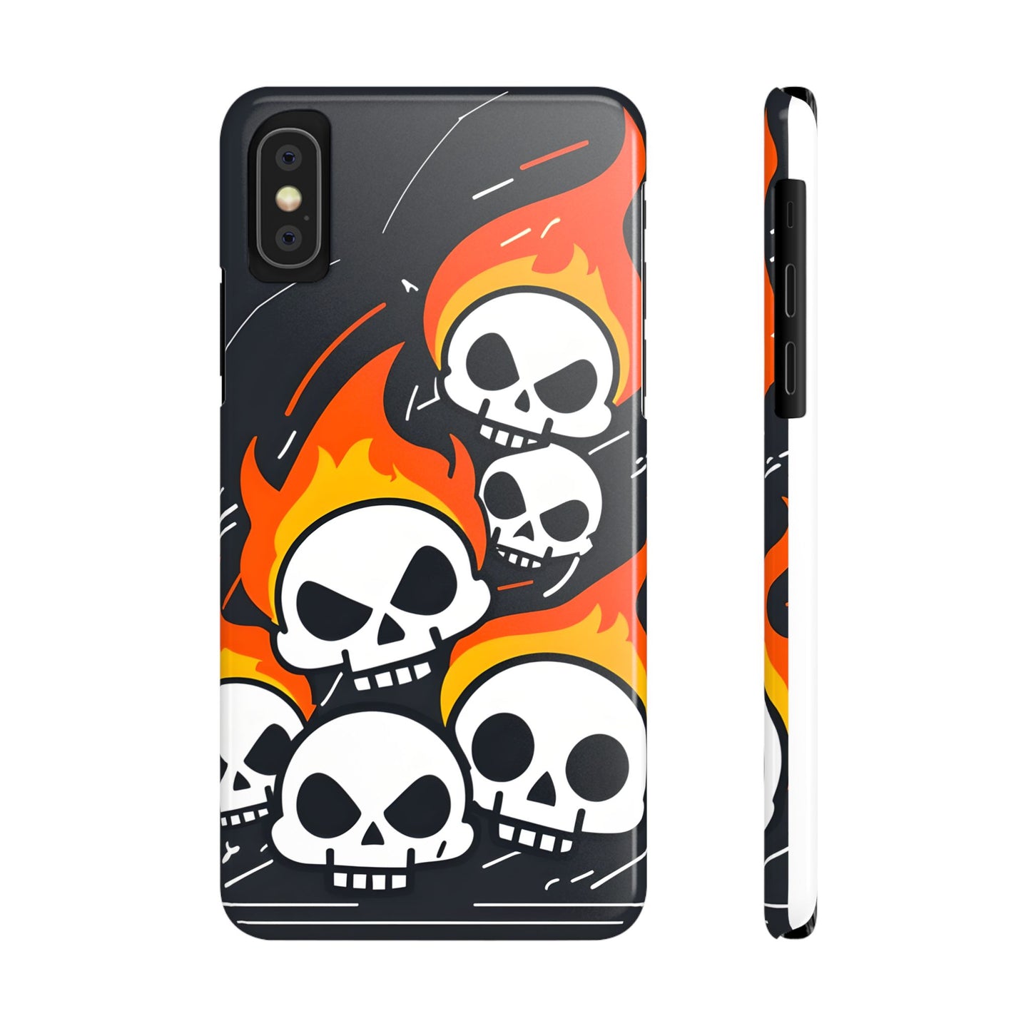 Flaming Skulls Slim Phone Case, Y2K Alt Halloween Aesthetic, Creepy Cute Cartoon Style, Stylish Music Lovers, Perfect Gift for Halloween