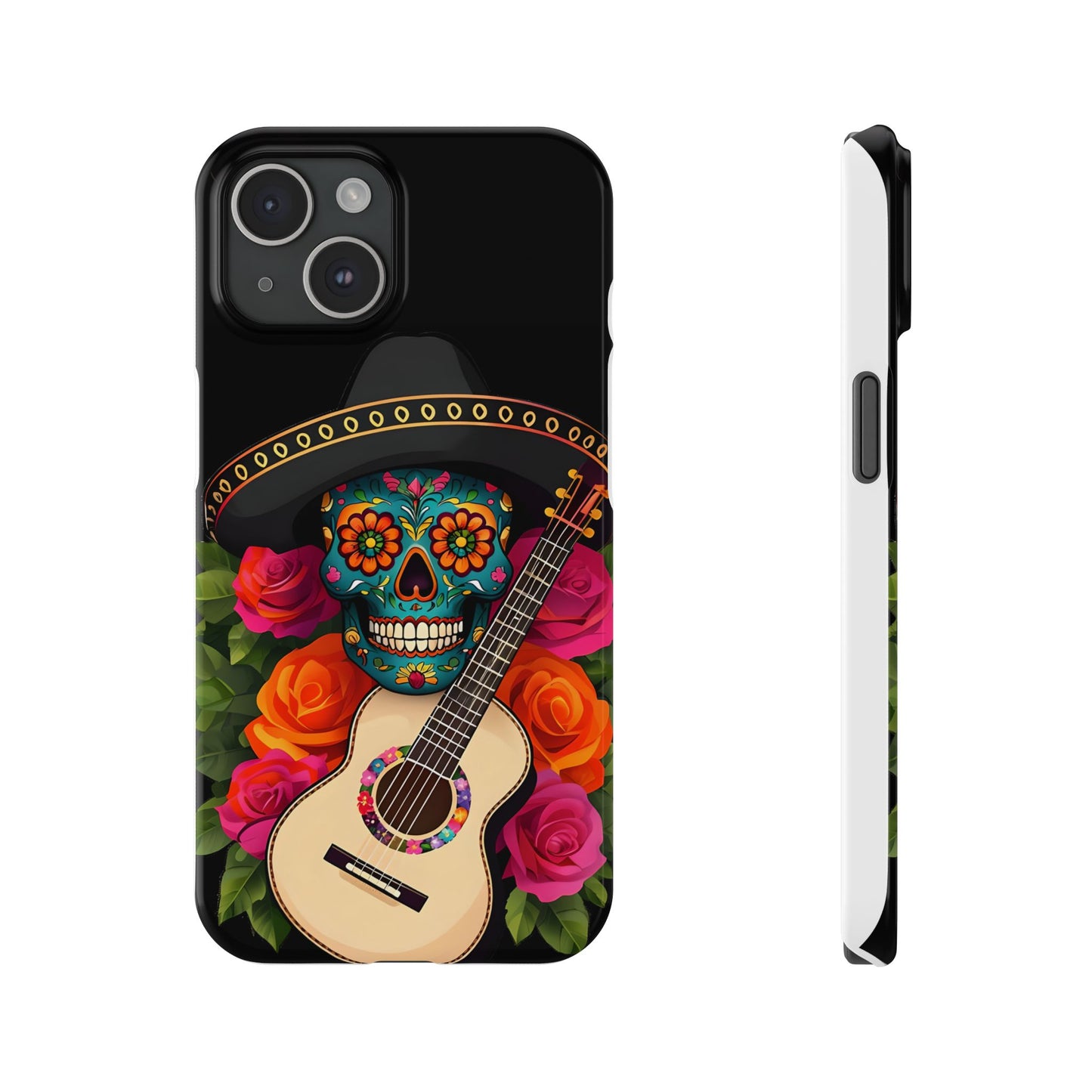 Mariachi Skull Slim Phone Case, Colorful Folk Aesthetic, Halloween Floral Skull Design, Gift for Mexican Culture Lovers