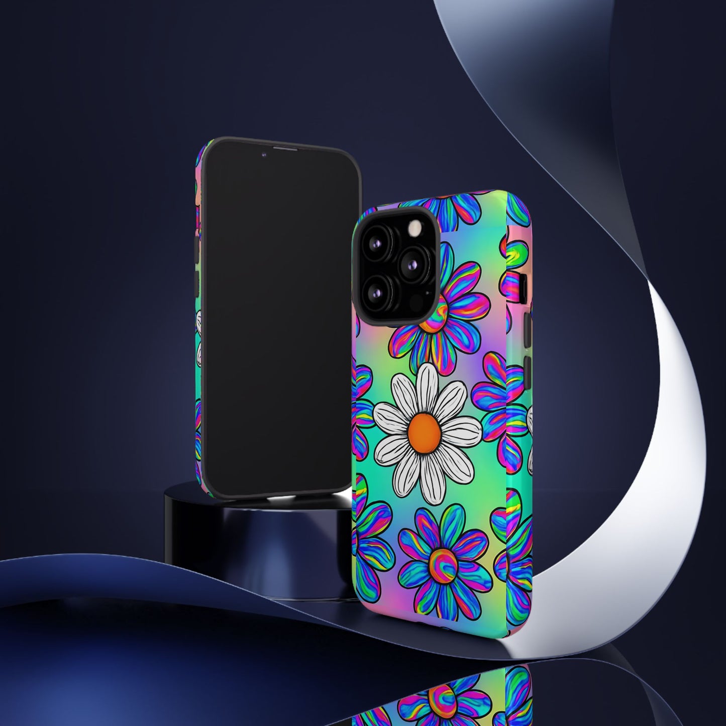 Trippy Daisy Tough Phone Case - Psychedelic Floral Design, Colorful Retro Aesthetic, Compatible with iPhone, Galaxy, and Google Phones