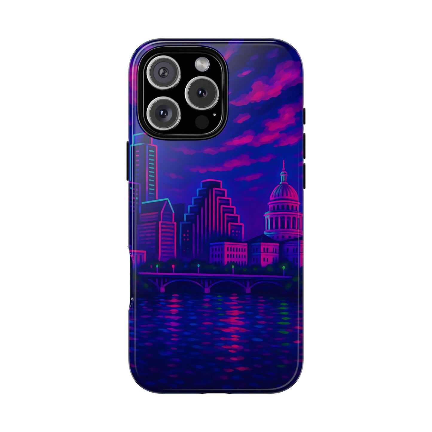 Cityscape Tough Phone Case, Austin Texas Skyline Phone Cover, Neon Night Design Compatible with iPhone, Galaxy & Google