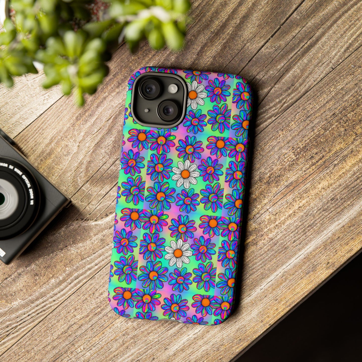 Trippy Daisy Tough Phone Case - Psychedelic Floral Aesthetic, Colorful Groovy Design, Compatible with iPhone, Galaxy, and Google Phones