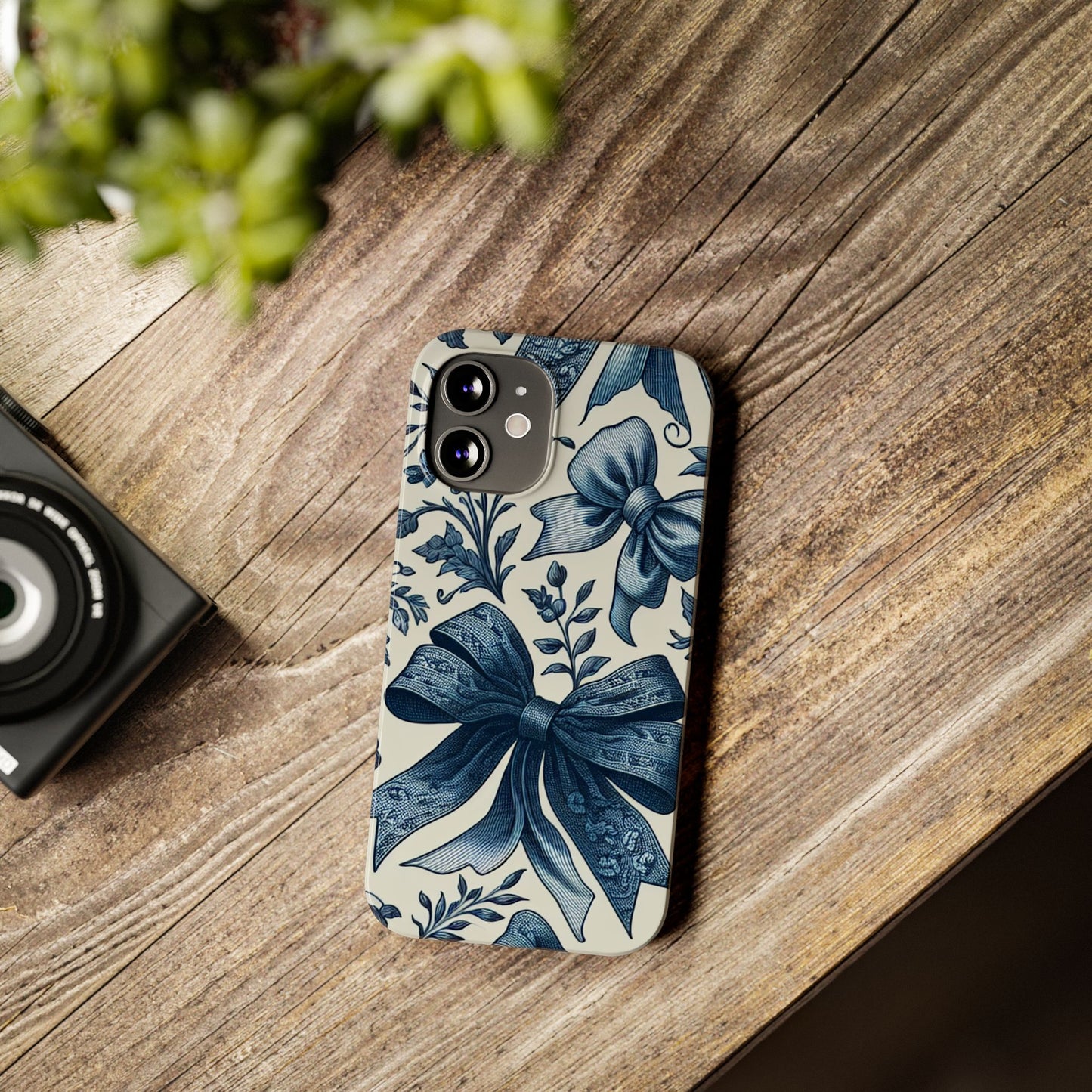 Elegant Floral Bow Slim Phone Case, Blue Flower Phone Cover, Gift for Her, Stylish Tech Accessory, Wedding Gift, Floral Design
