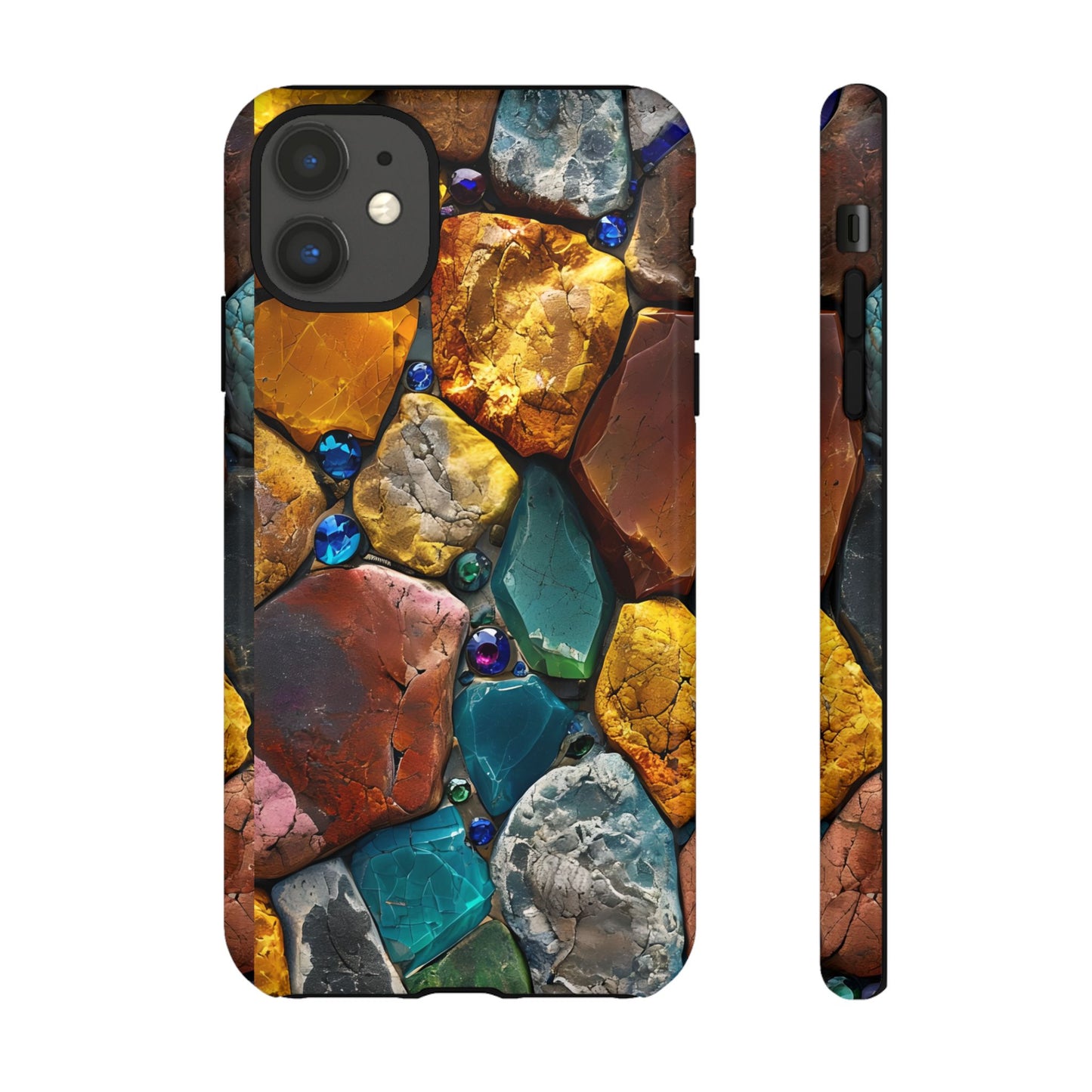 Gemstone Rock Mosaic Tough Phone Case - Nature-Inspired Crystal Pattern, Earthy Boho Aesthetic, Compatible with iPhone, Galaxy, and Pixels