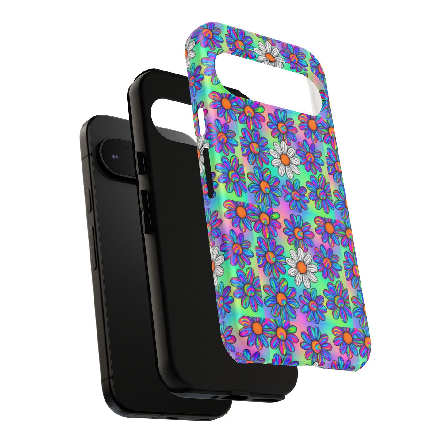 Trippy Daisy Tough Phone Case - Psychedelic Floral Aesthetic, Colorful Groovy Design, Compatible with iPhone, Galaxy, and Google Phones