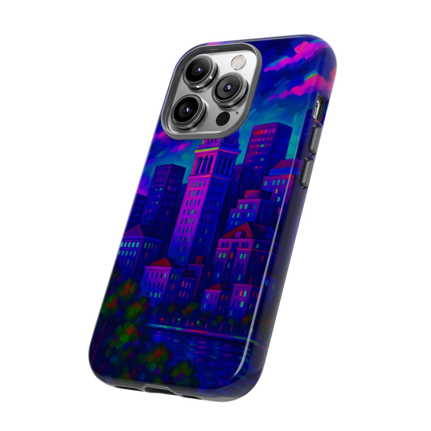 Boston Cityscape Tough Phone Case, Neon Night Skyline, Sunset Tower View Watercolor Urban Art, Compatible with iPhone, Galaxy, Google Phones