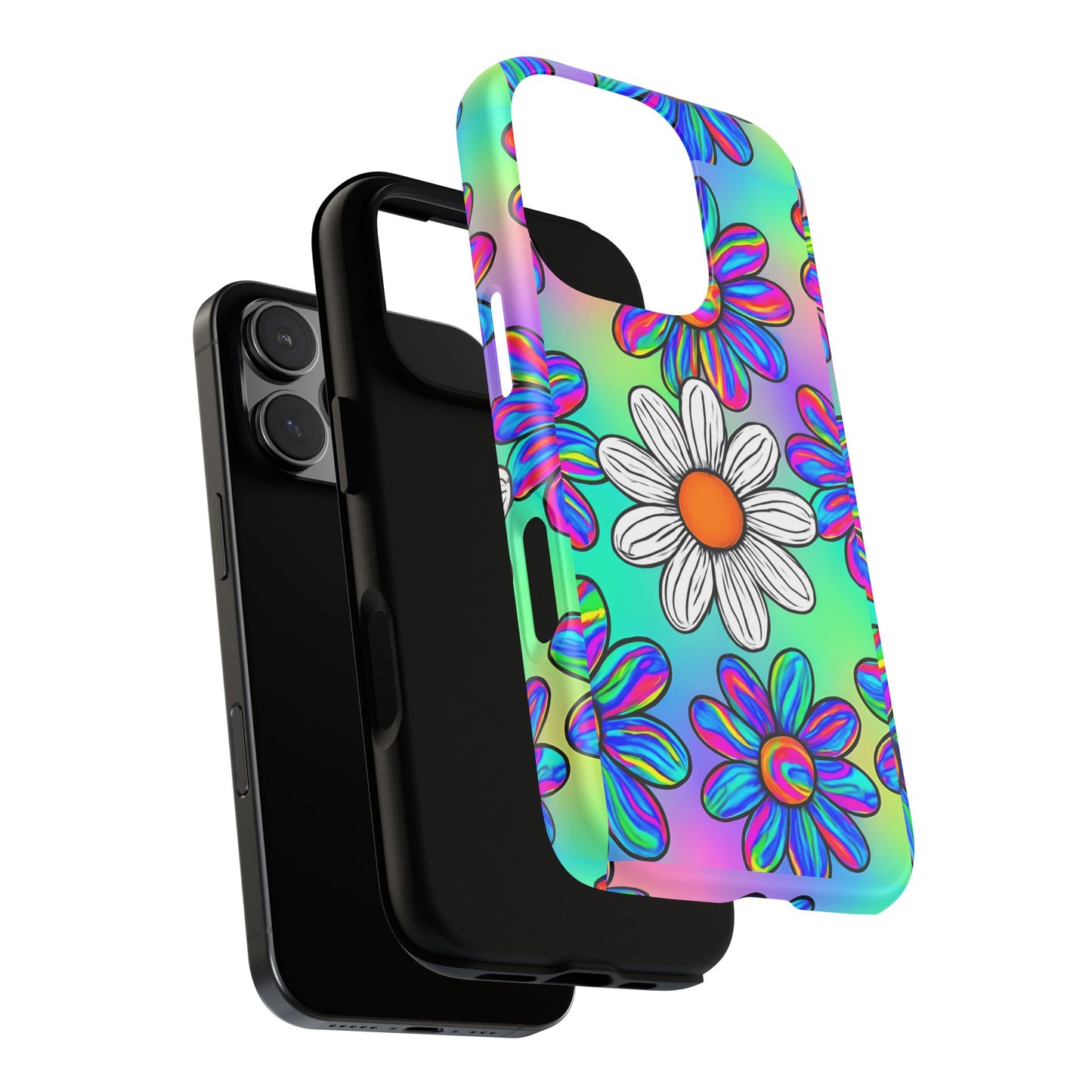 Trippy Daisy Tough Phone Case - Psychedelic Floral Design, Colorful Retro Aesthetic, Compatible with iPhone, Galaxy, and Google Phones