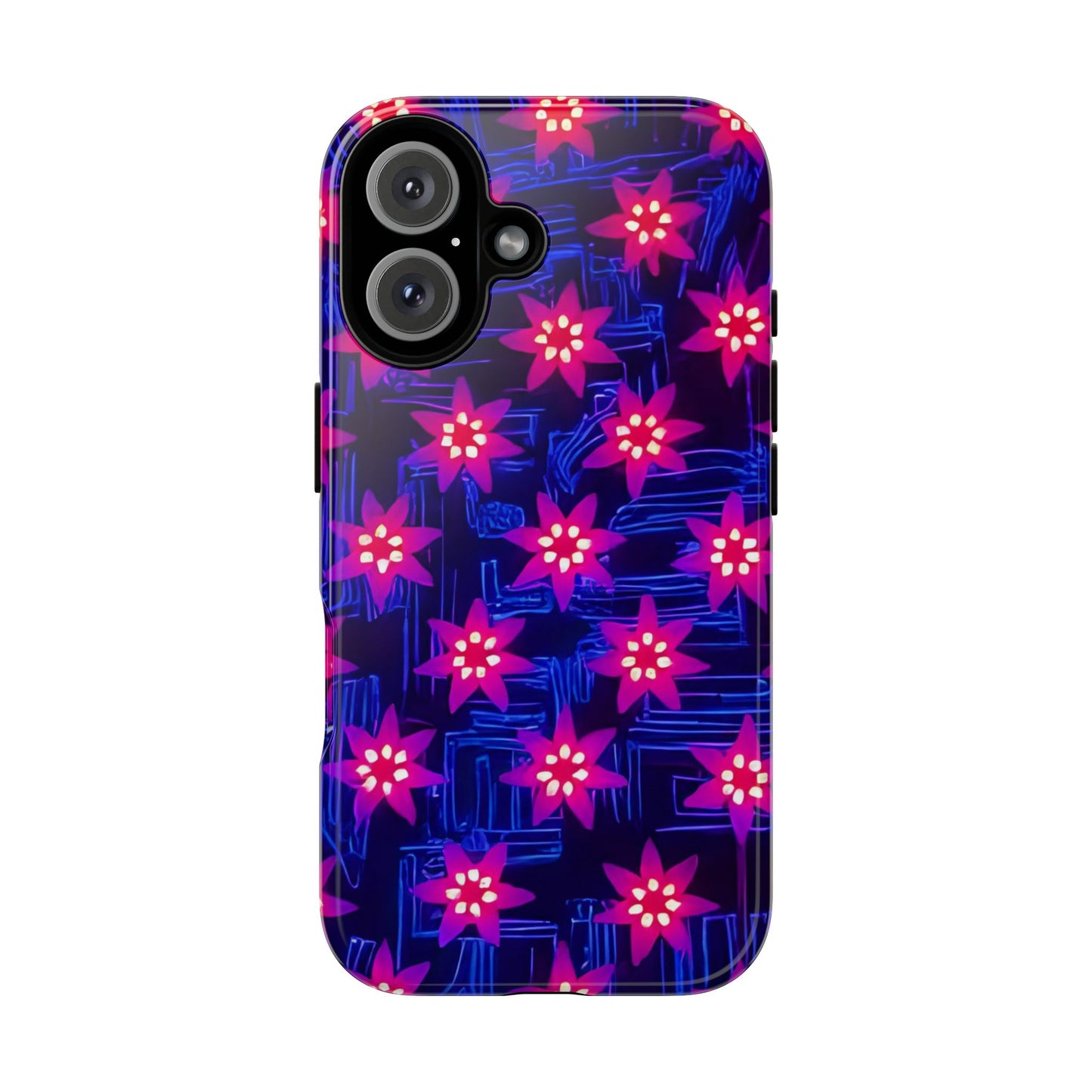 Neon Flower Tough Phone Case - Trippy Dark Floral Art, Electric Glow Aesthetic, Compatible with iPhone, Galaxy, and Google Phones