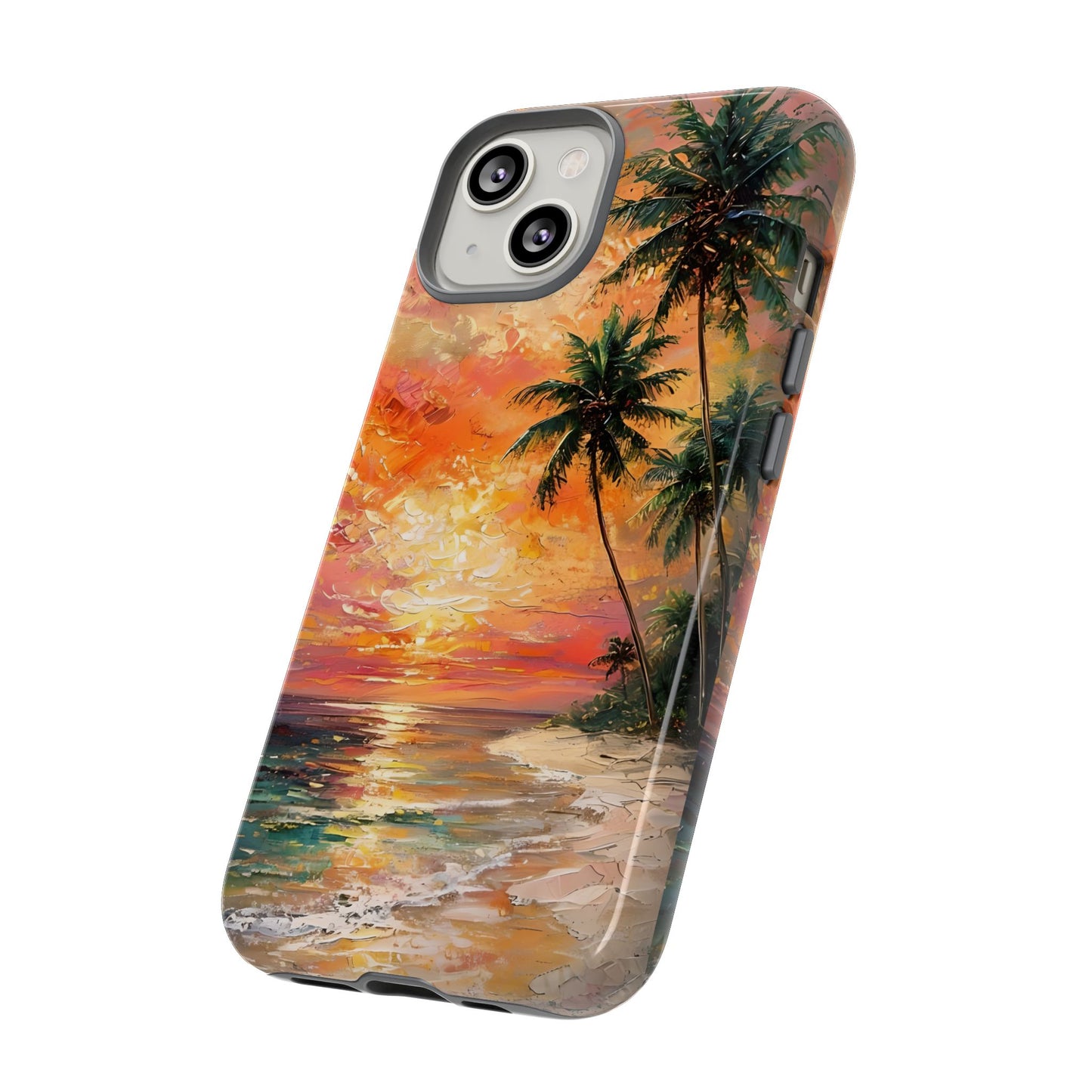 Tropical Beach Scenery Tough Phone Case, Oil Painting, Sunset Shoreline Compatible with iPhone 17, 16, 15, 14, 13, Galaxy, Google